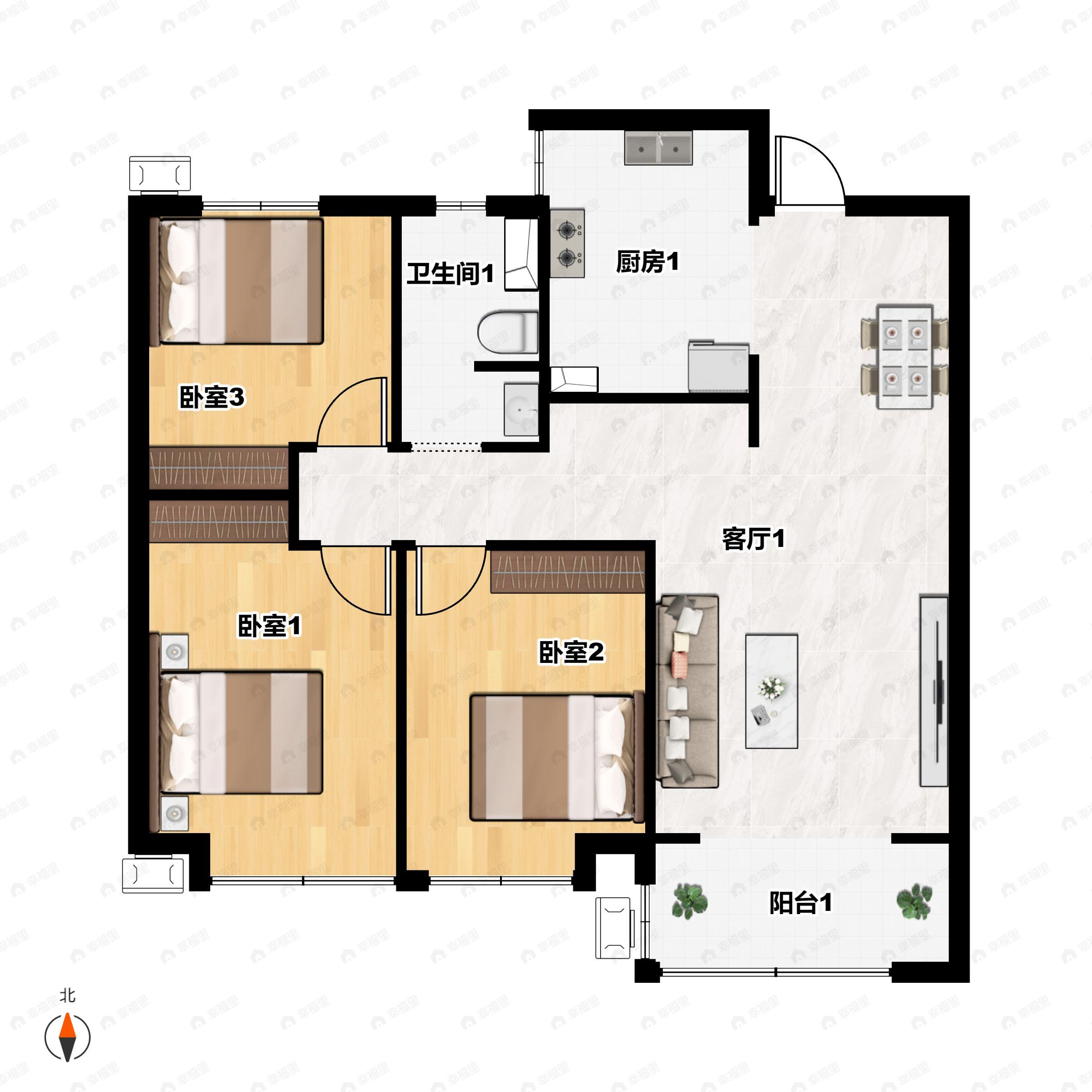 3室2厅1卫建面114m²户型图