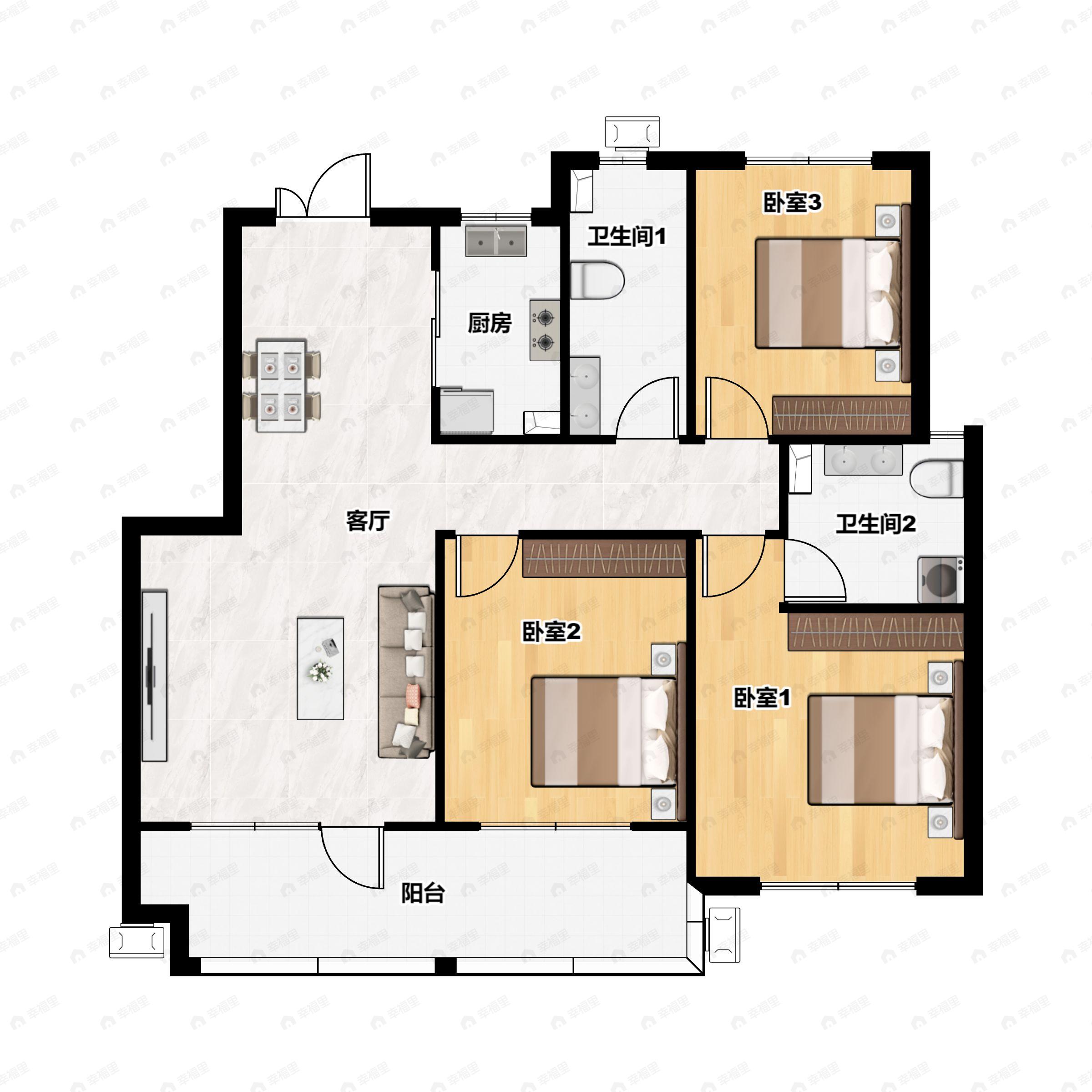 3室2厅2卫建面114平南|北户型图
