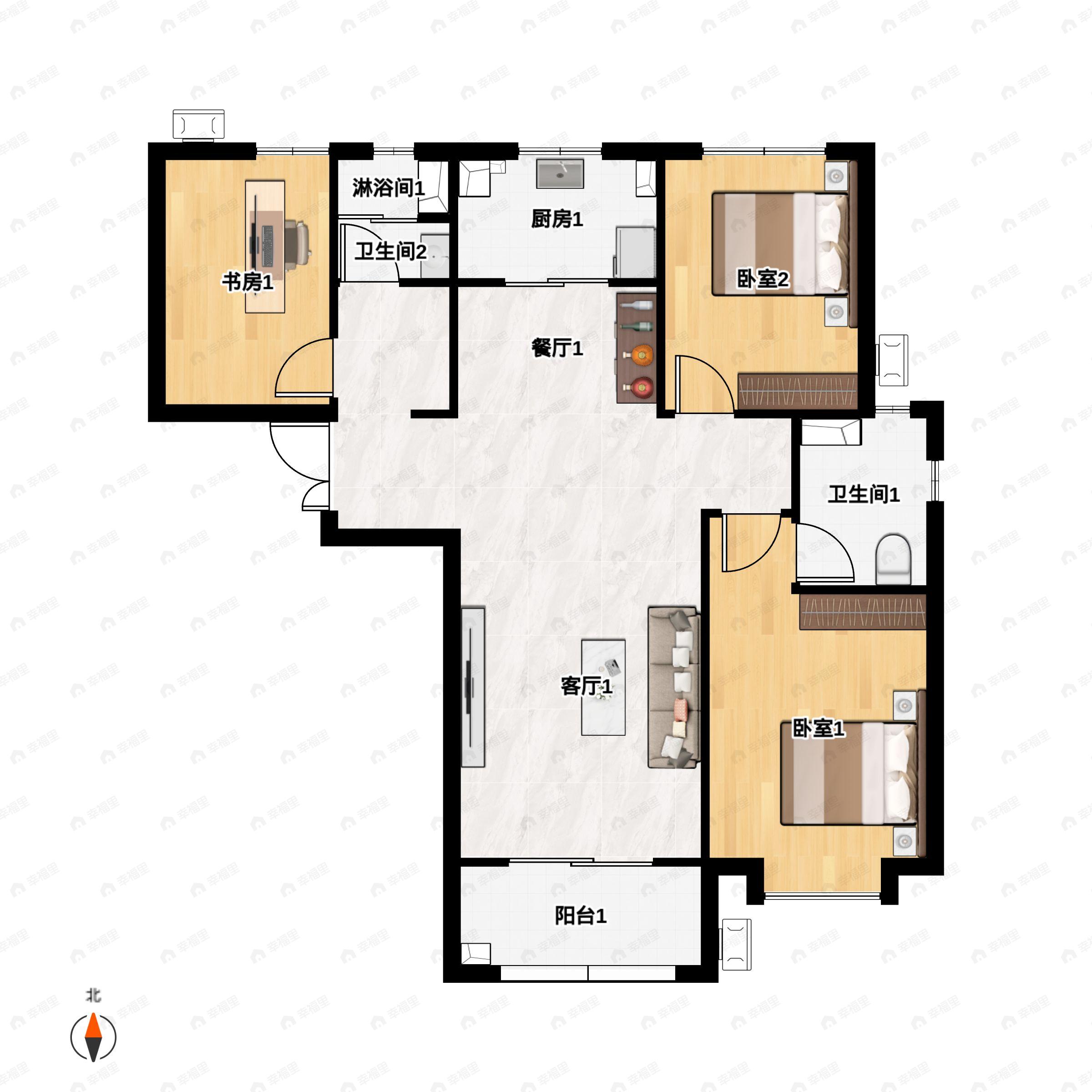 3室2厅2卫建面118m²南|北户型图