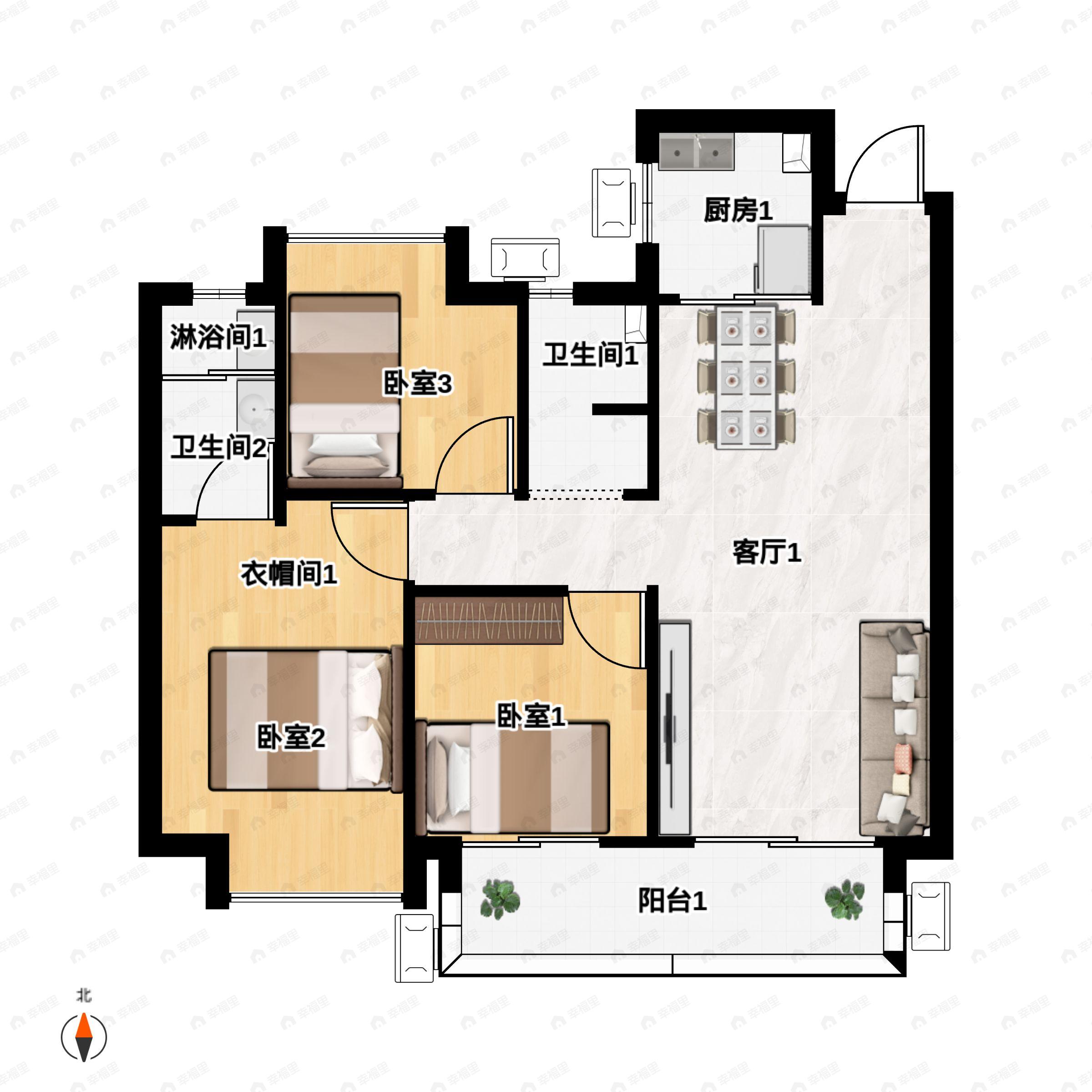 3室2厅2卫建面99m²南户型图