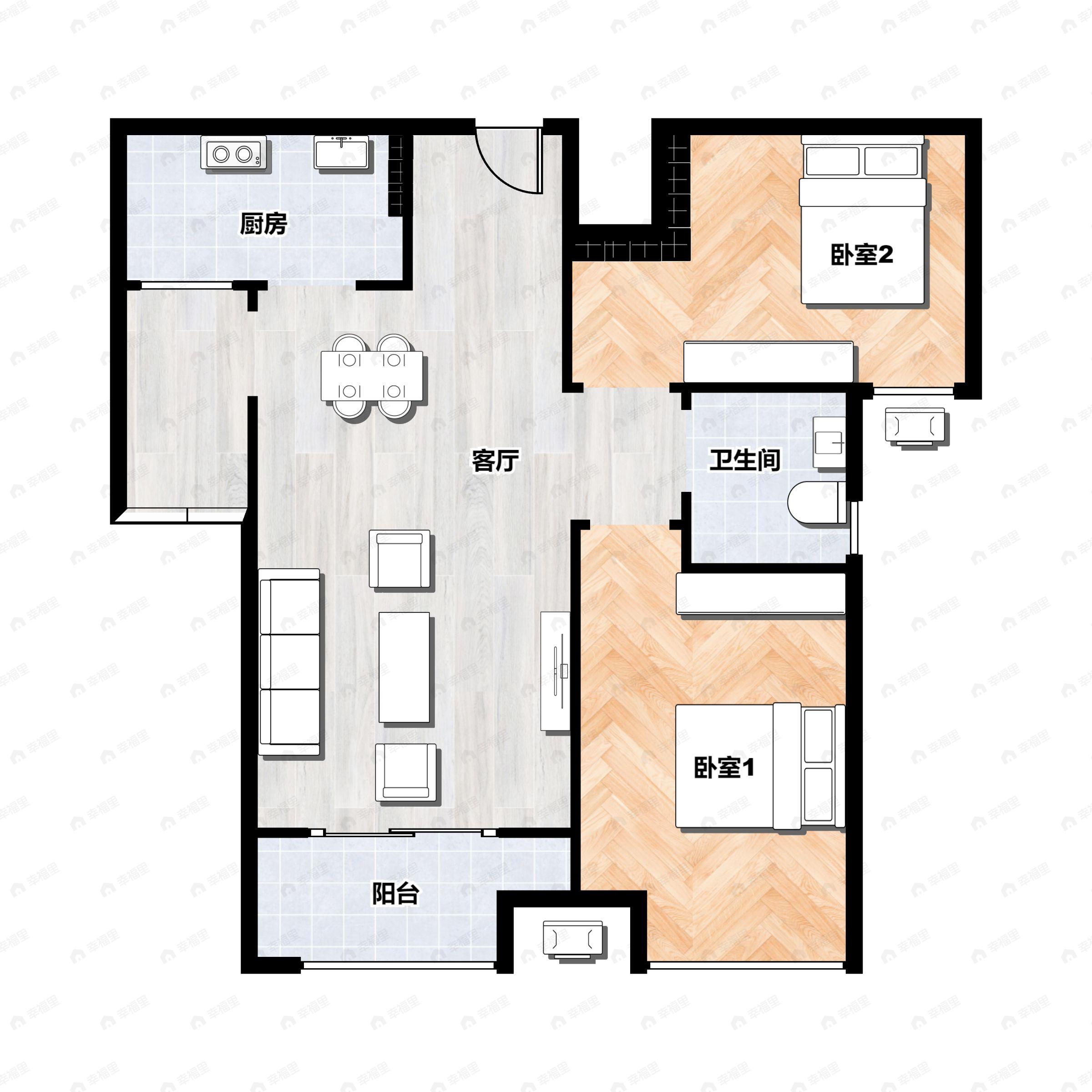2室2厅1卫建面72m²南户型图