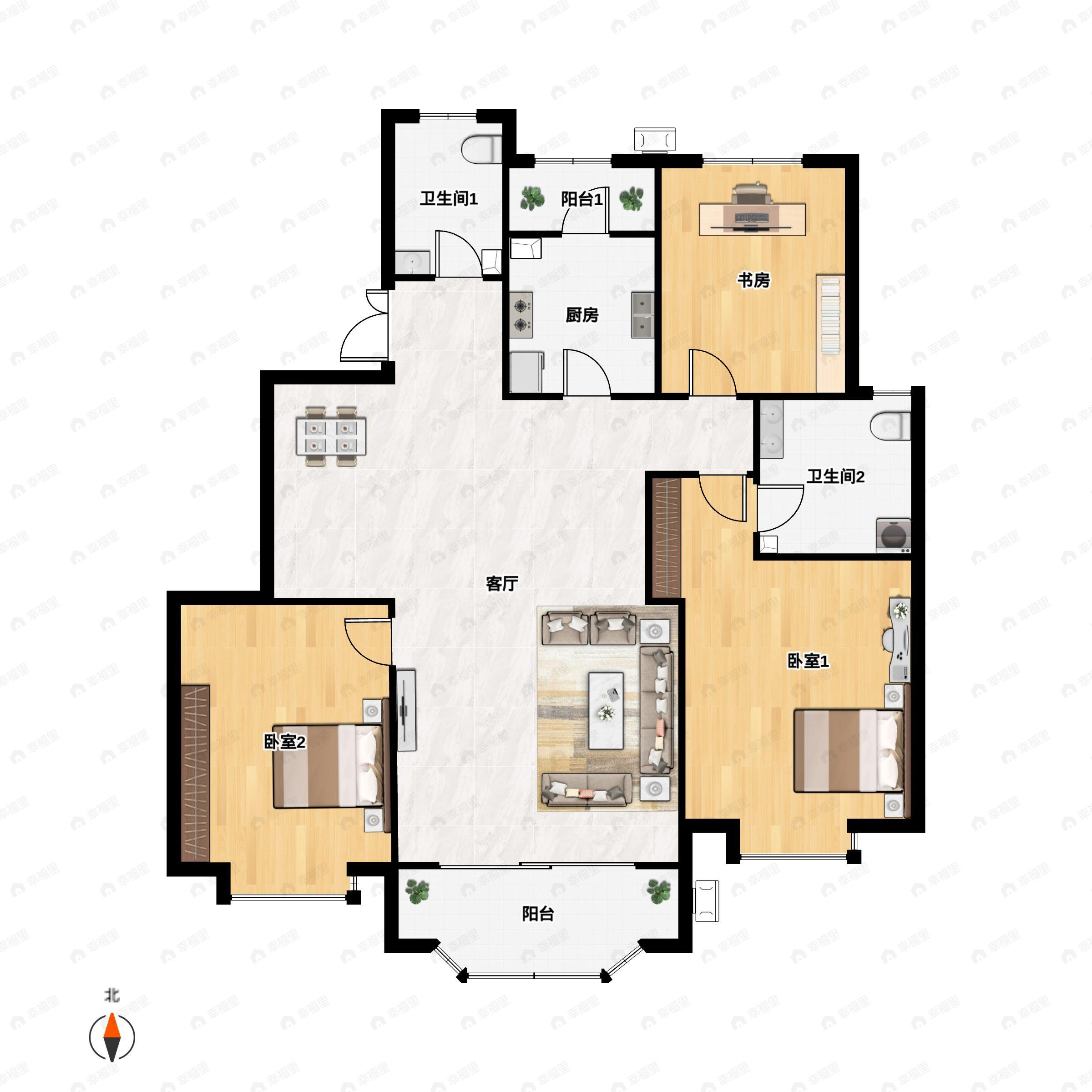 3室2厅2卫建面135m²南户型图