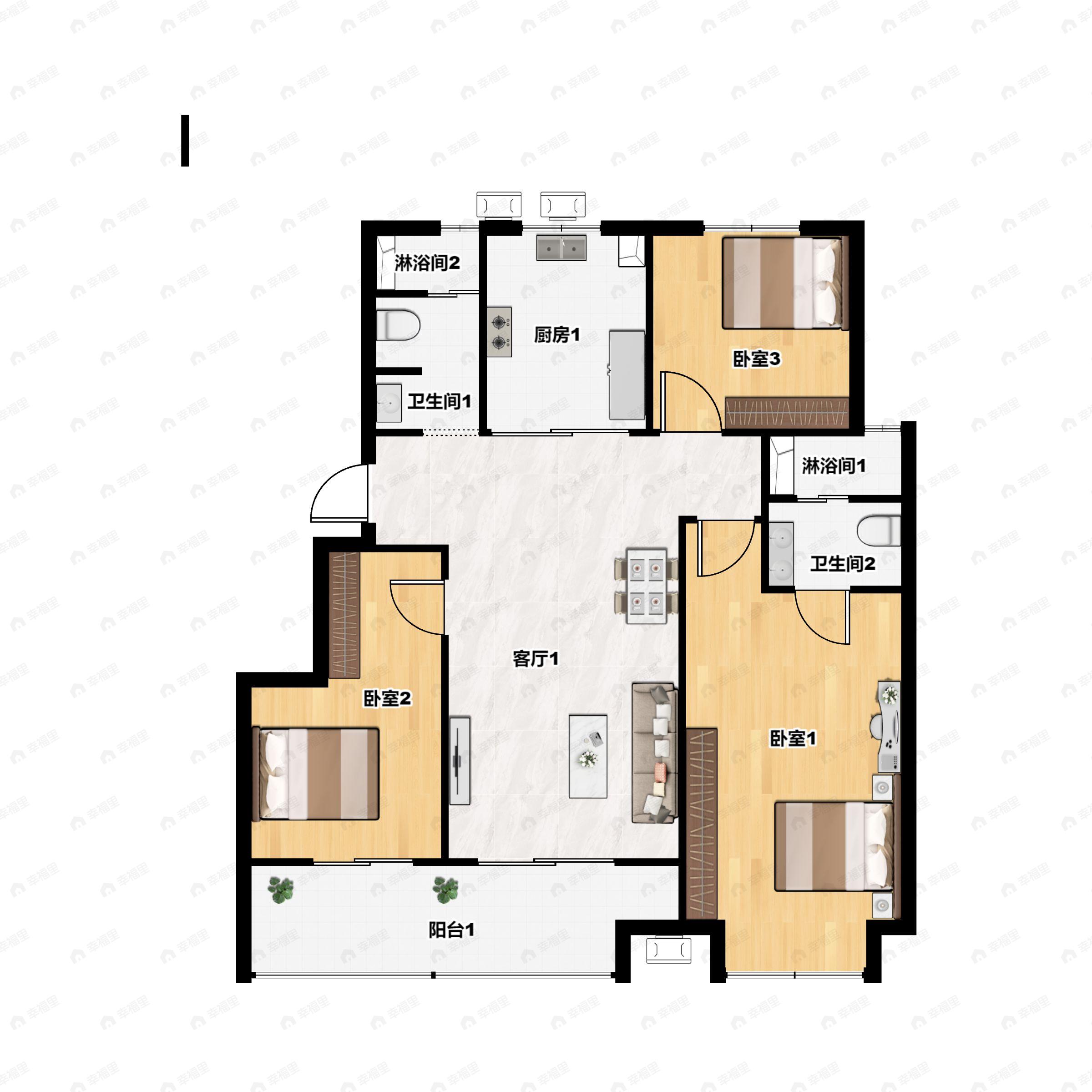 3室2厅2卫建面105平北|南户型图
