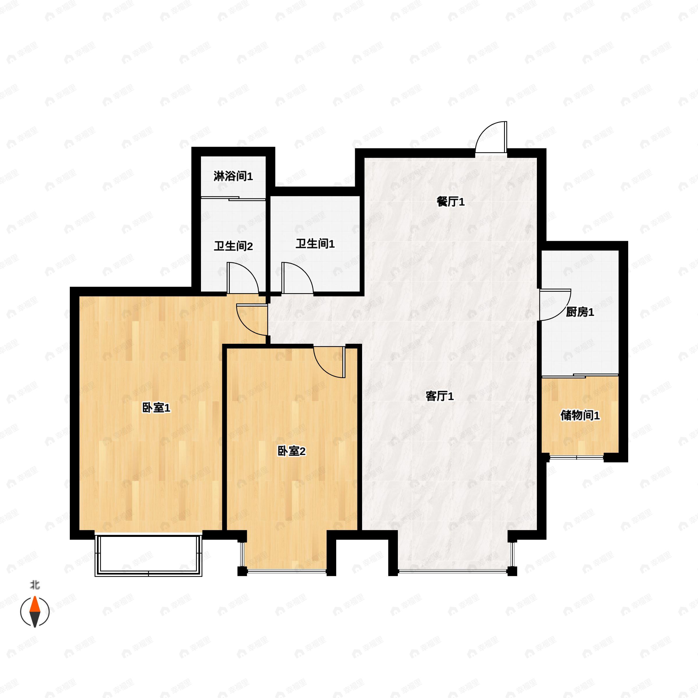 2室2厅1卫建面101平南|北户型图