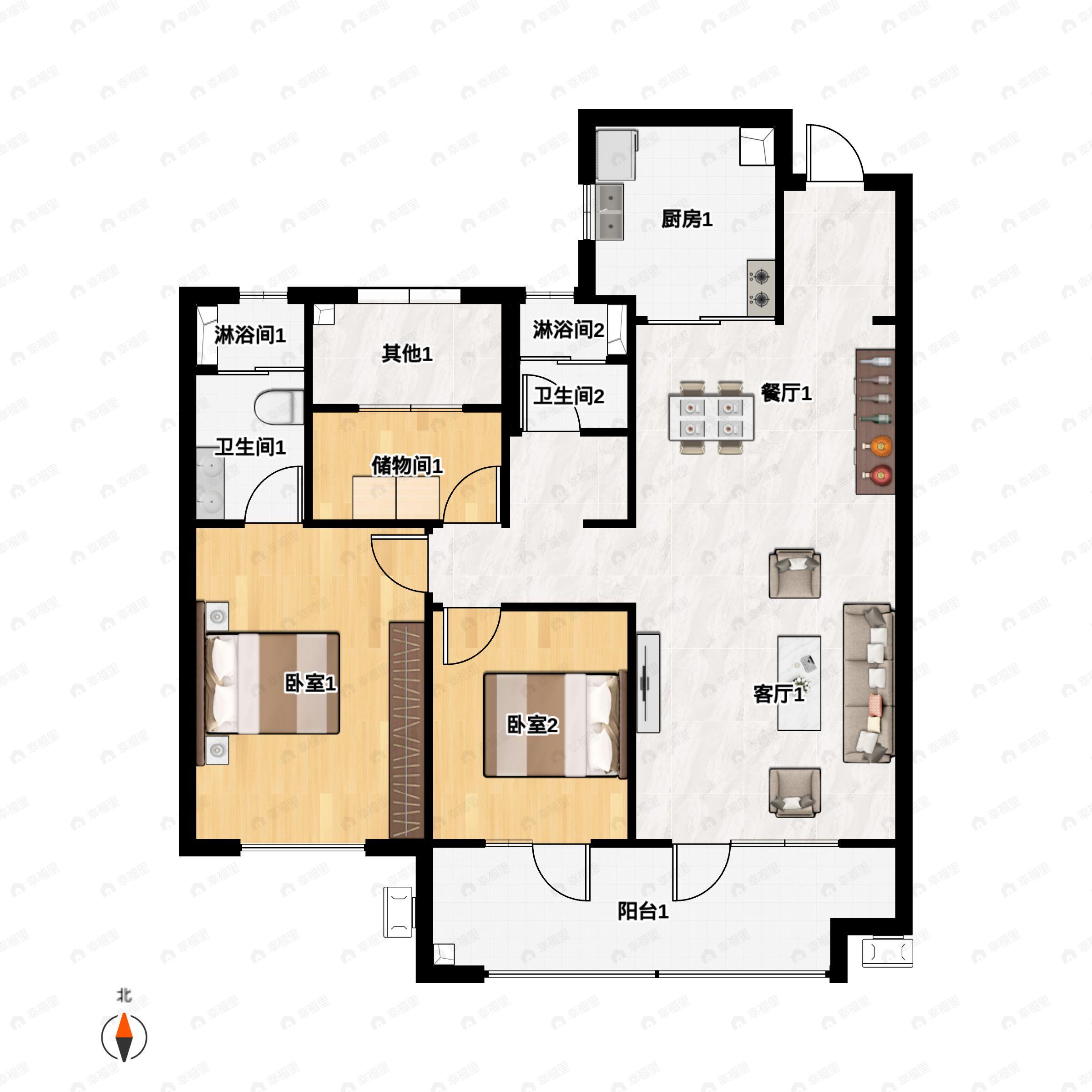 3室2厅2卫建面117平南|北户型图