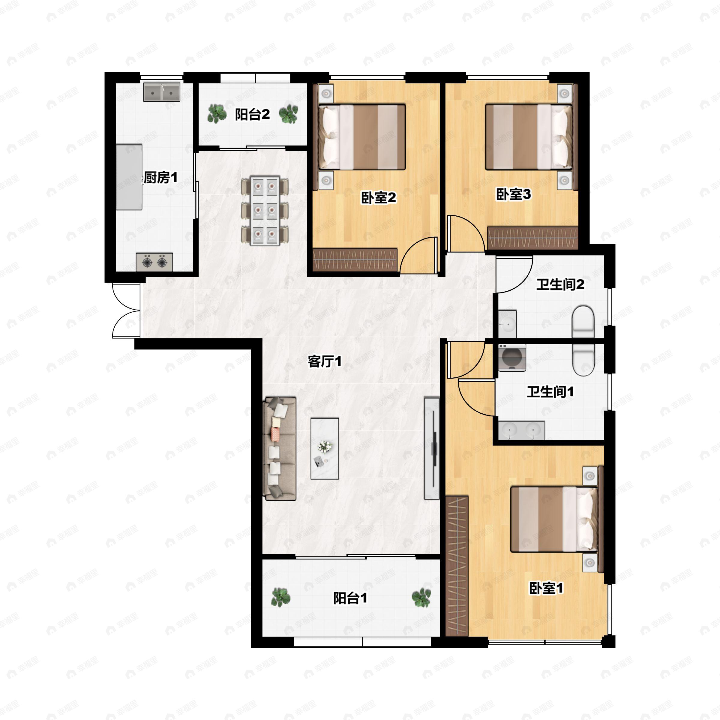 3室2厅2卫建面124平南户型图