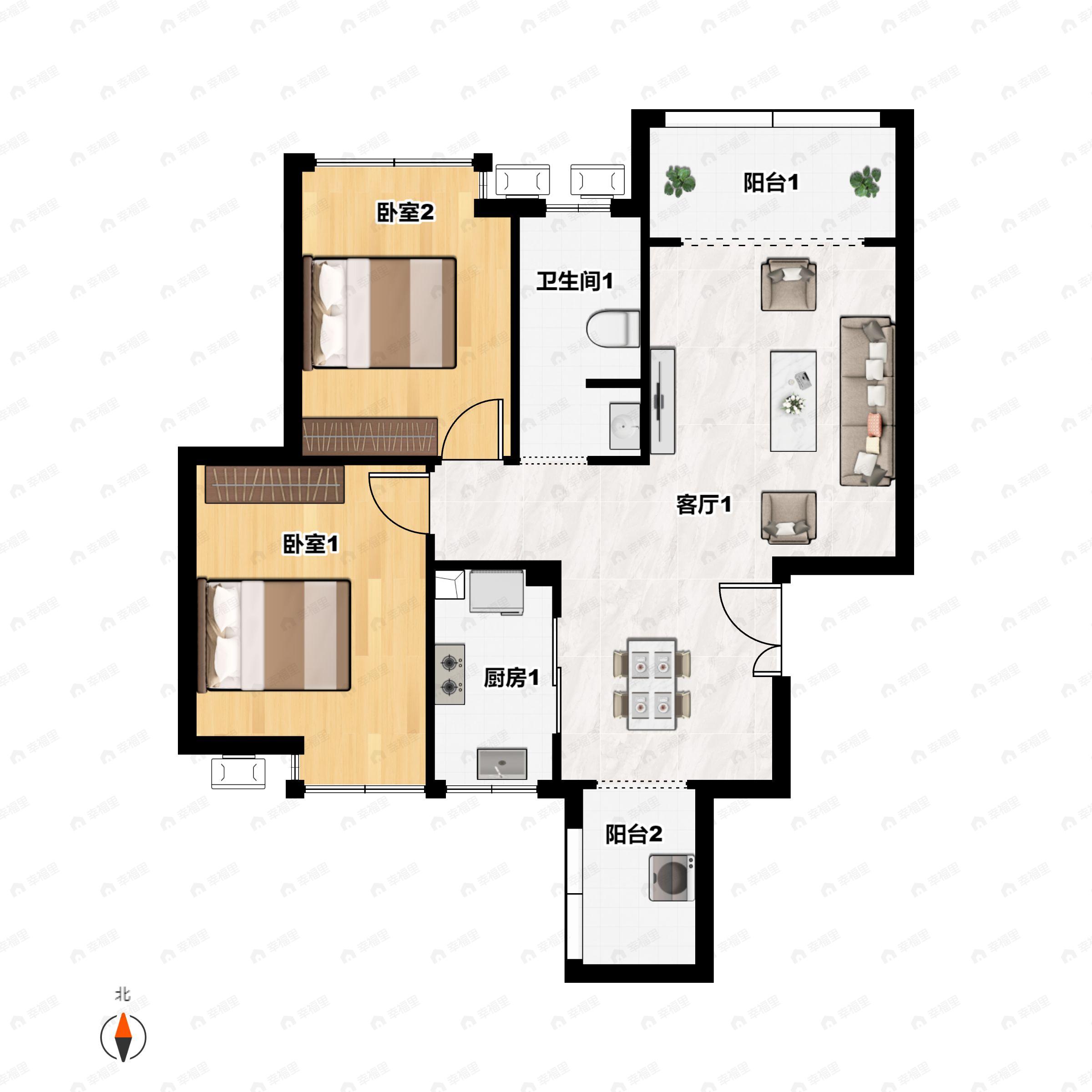 2室2厅1卫建面76平户型图
