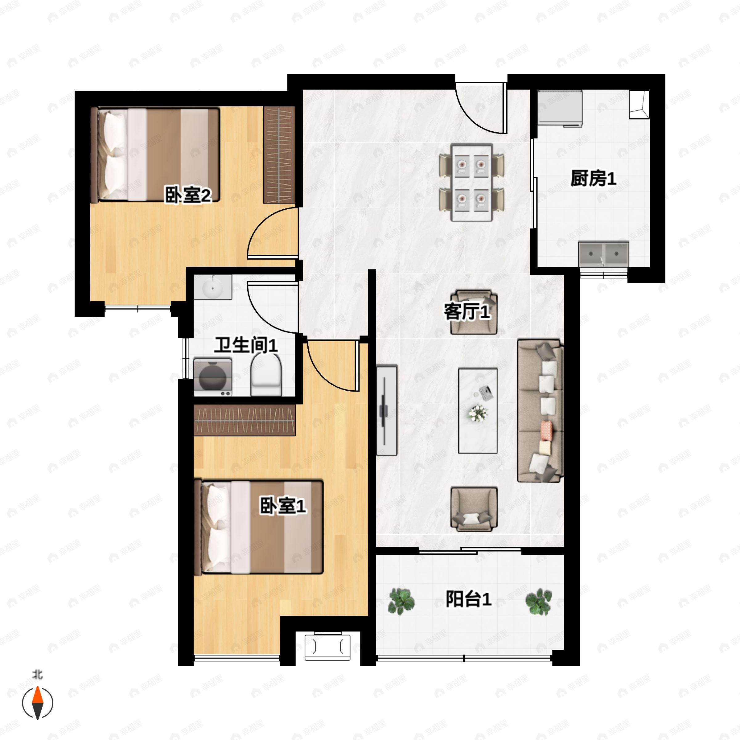 2室2厅1卫建面88m²南户型图
