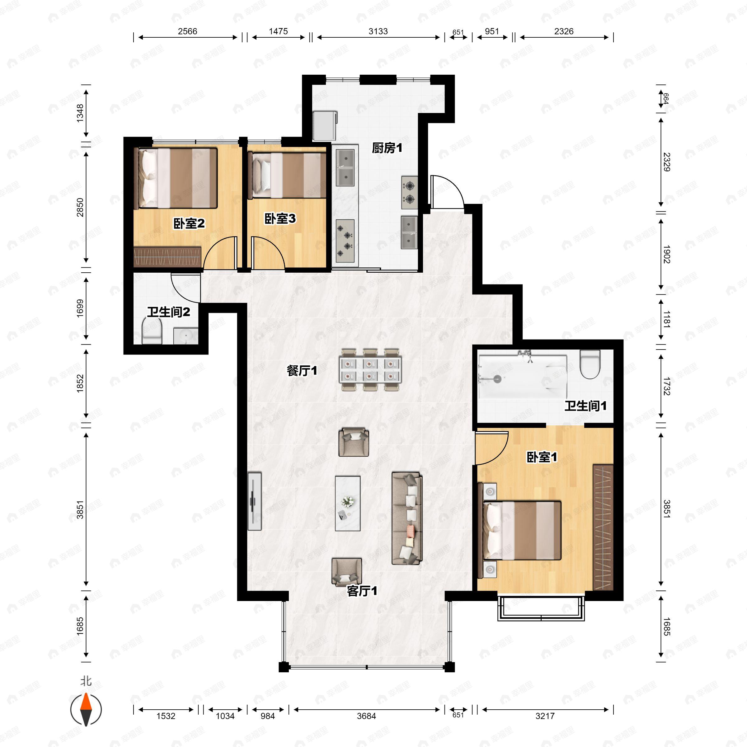 3室2厅2卫建面153m²南户型图
