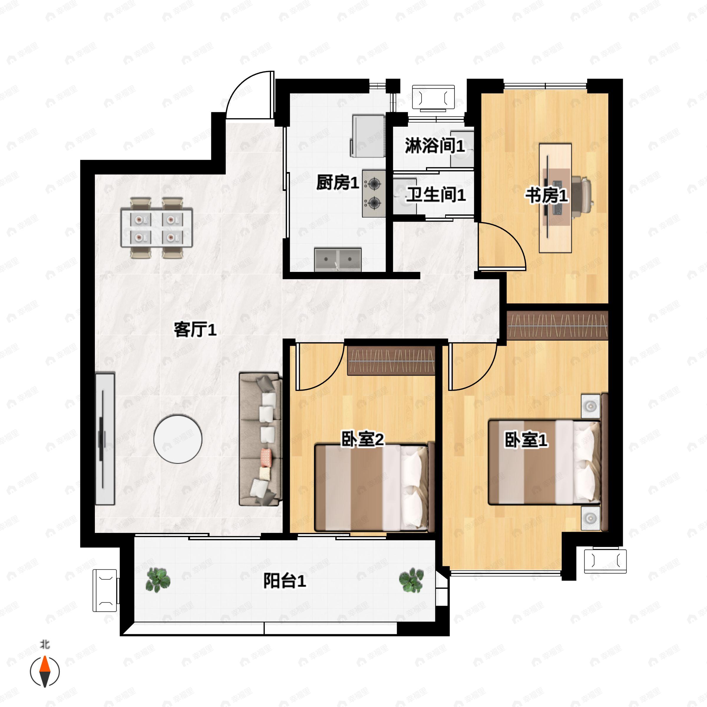 3室2厅1卫建面95m²南户型图