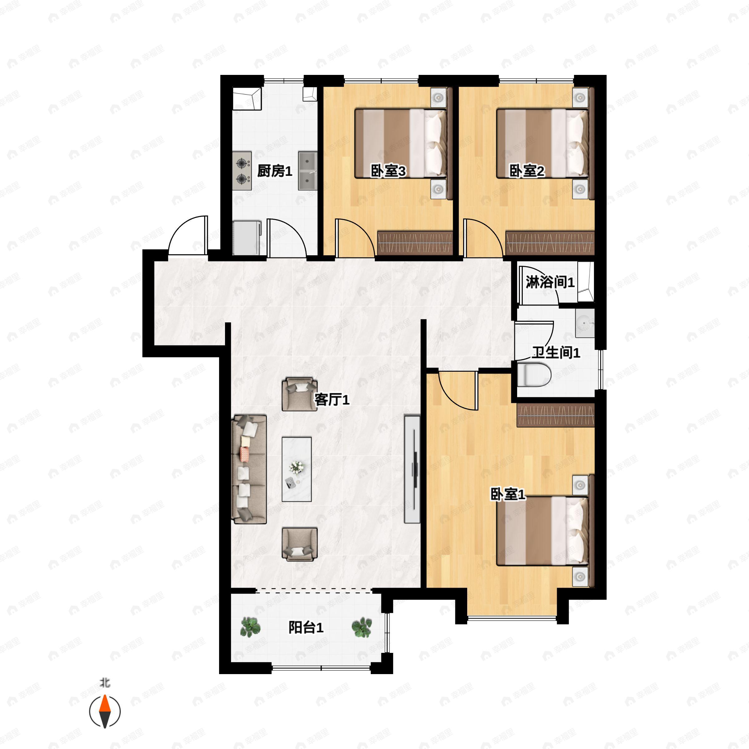3室2厅1卫建面110m²南|北户型图