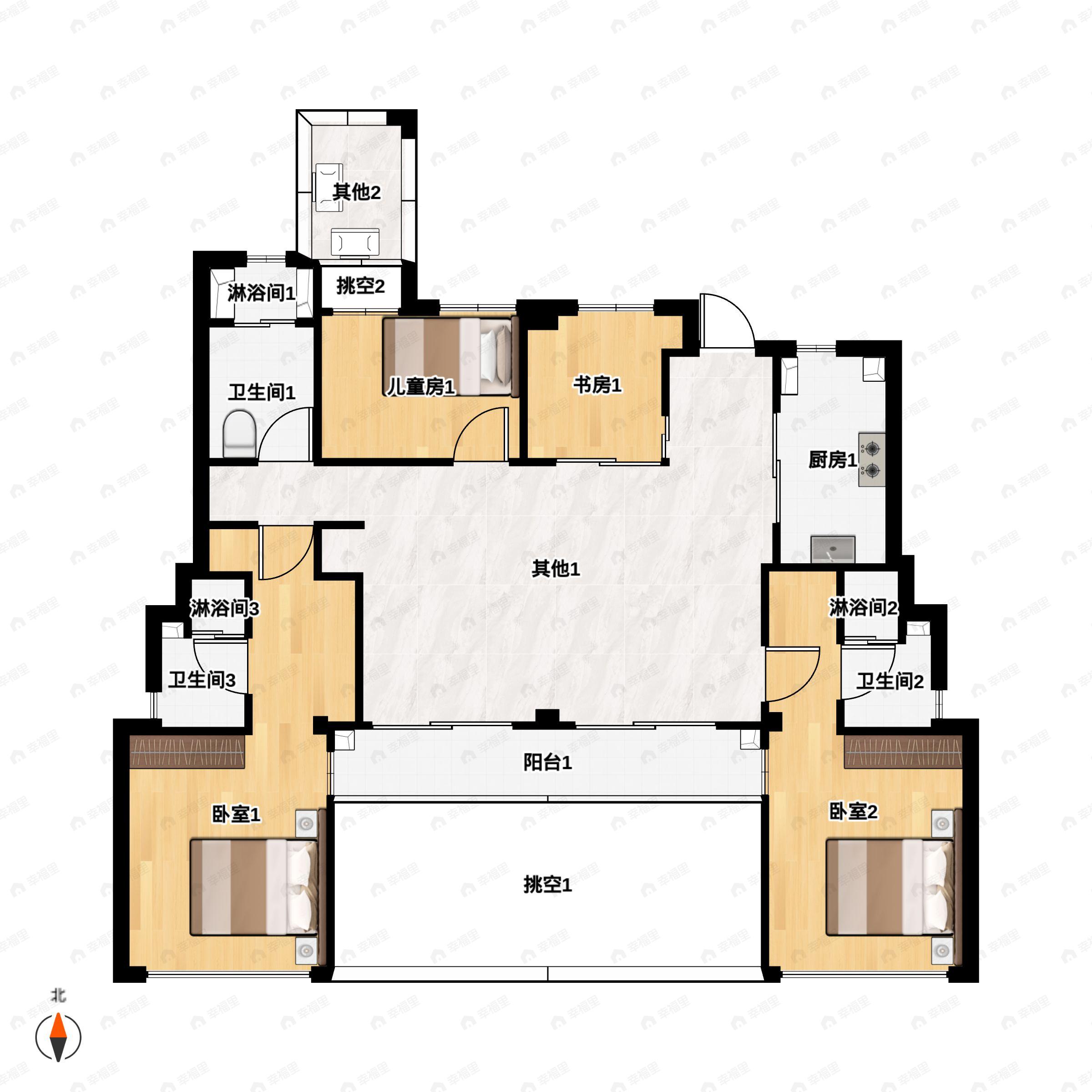 4室2厅3卫建面135平南户型图
