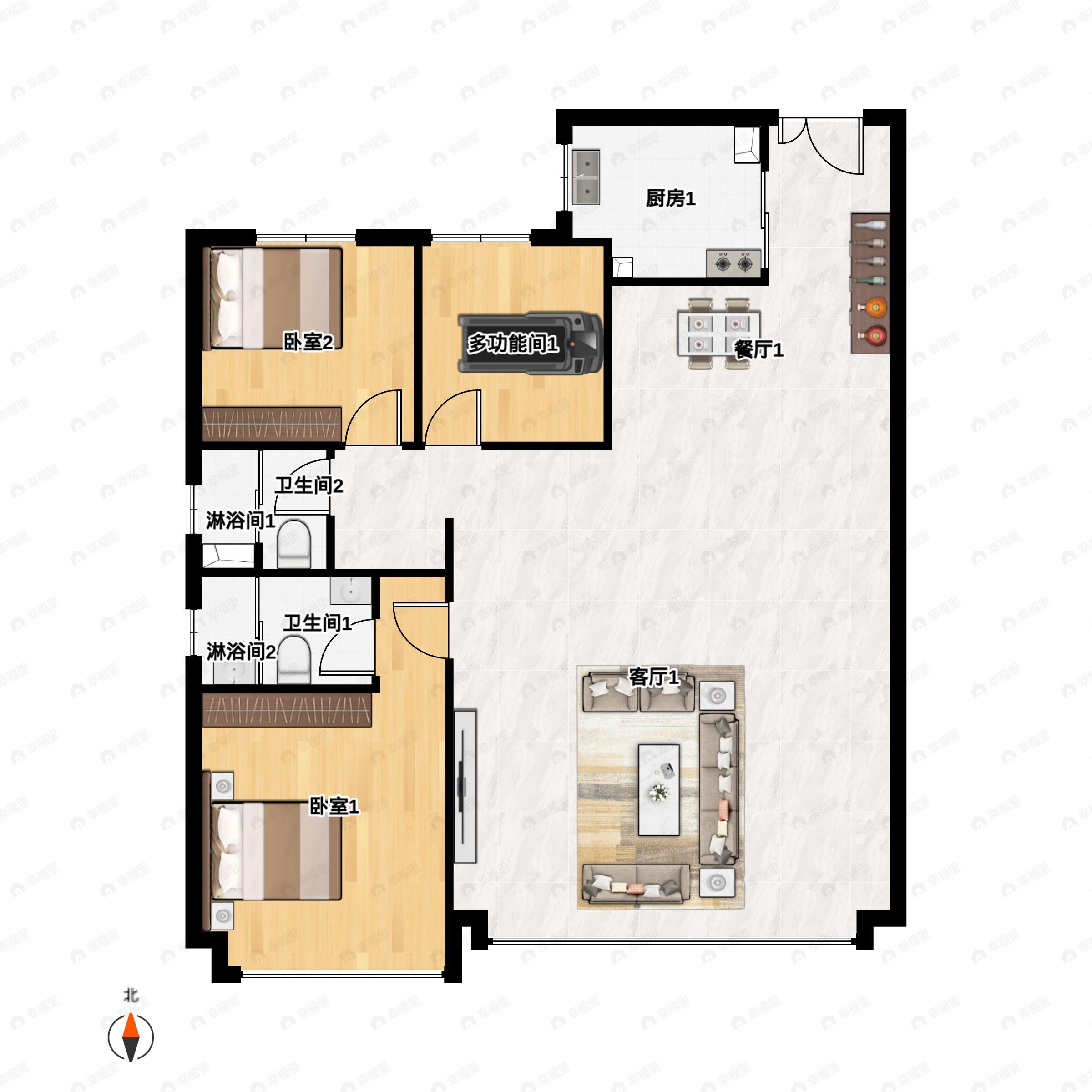3室2厅2卫建面143m²南户型图