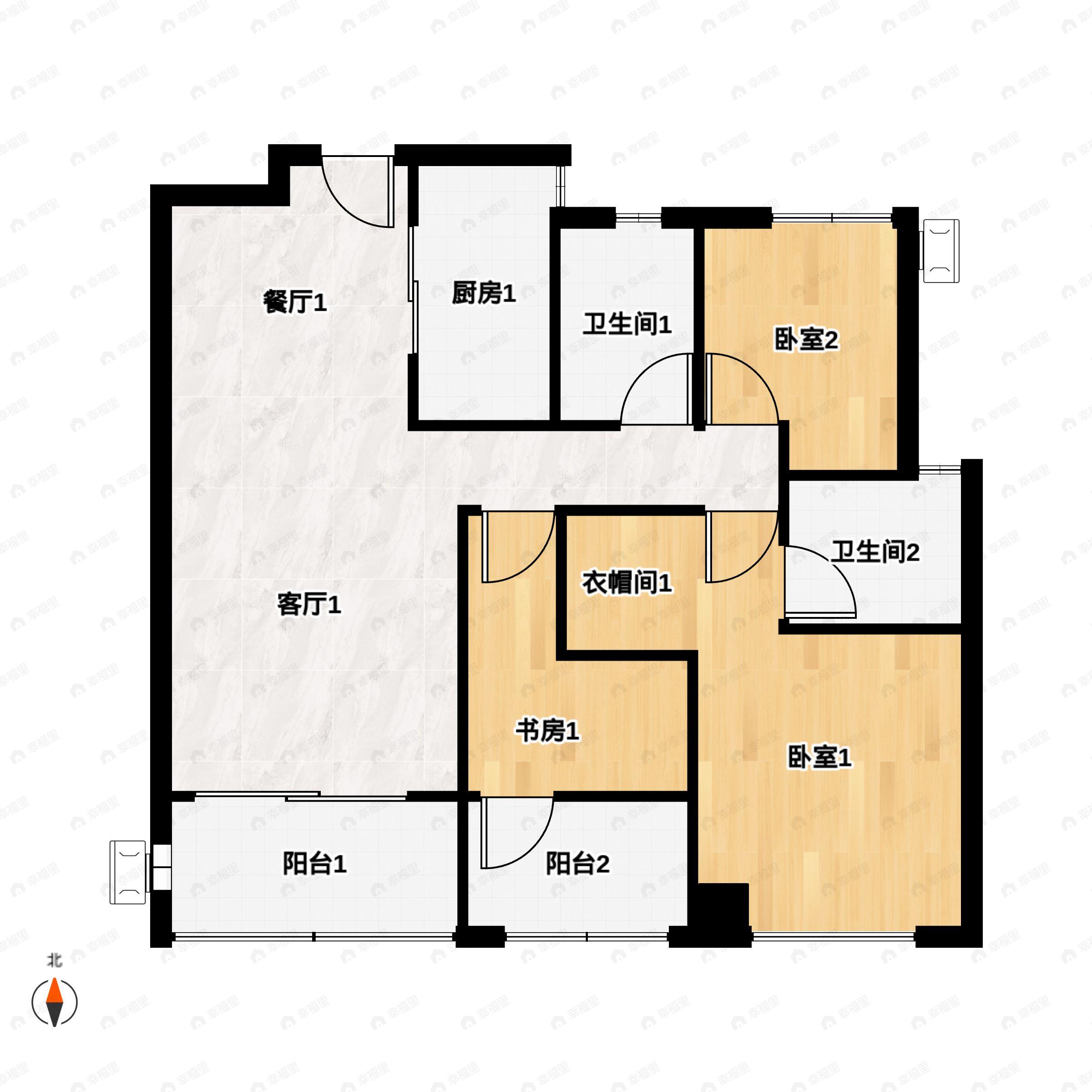 3室2厅2卫建面107平南户型图