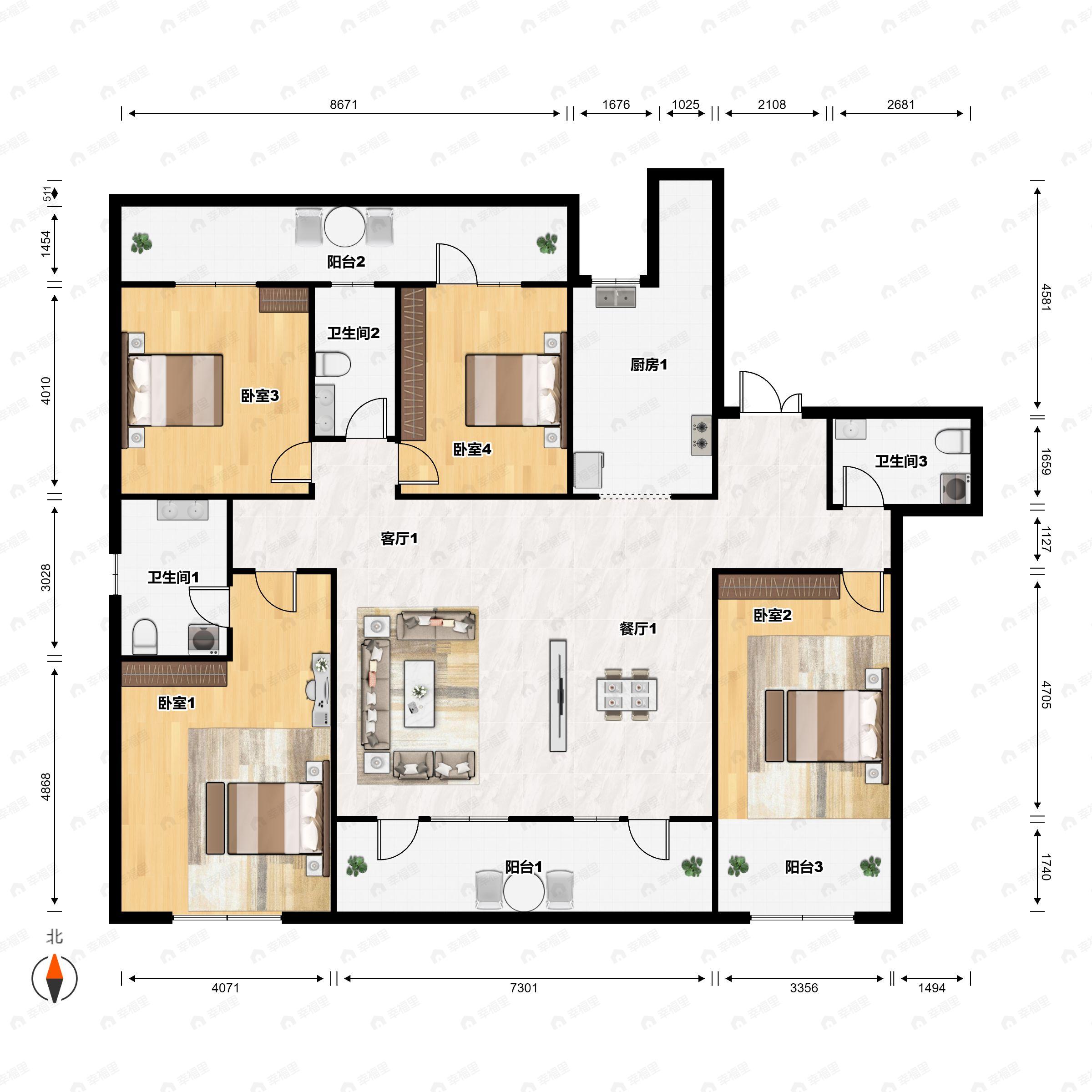 4室2厅3卫建面181平北|西|南户型图