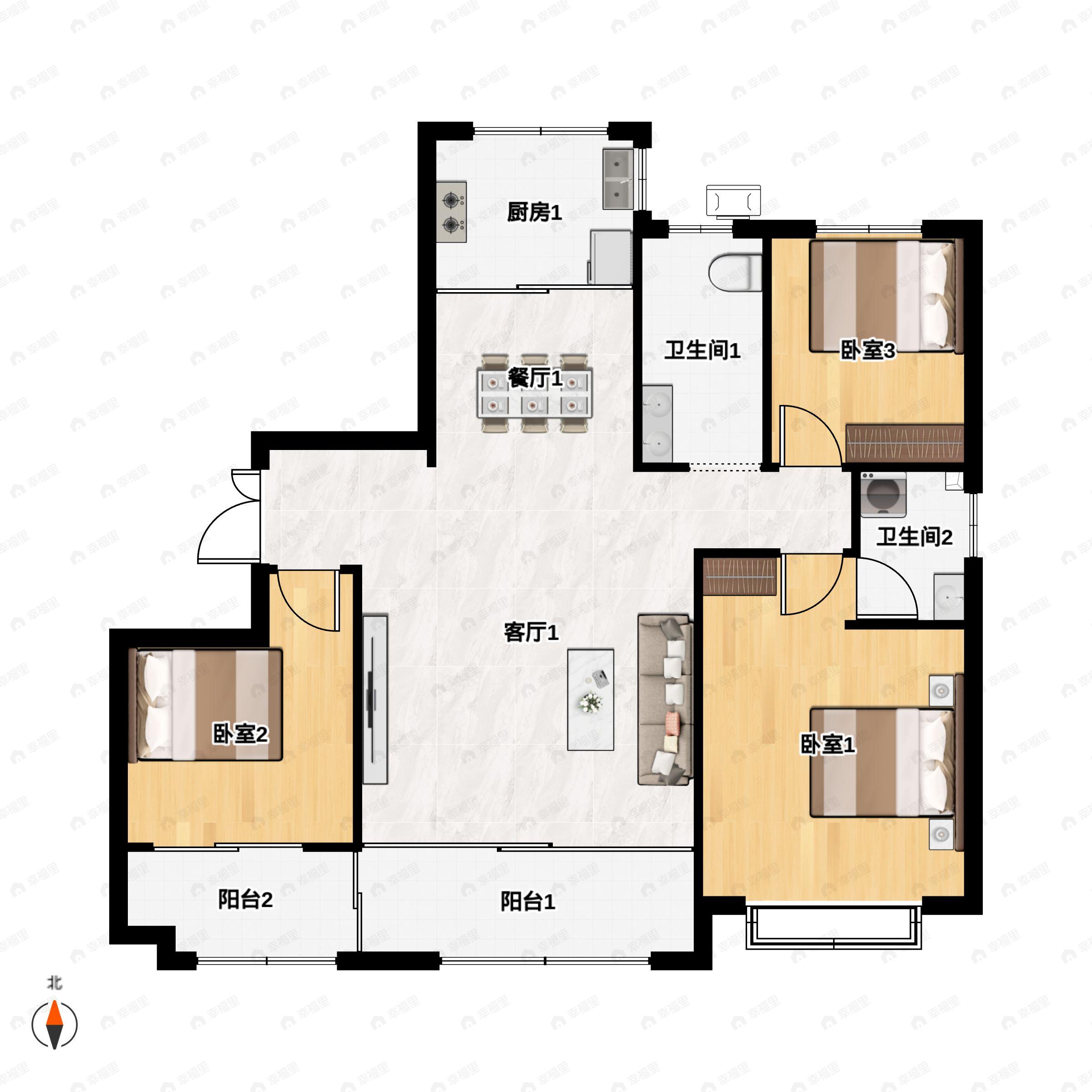 3室2厅2卫建面143m²南户型图