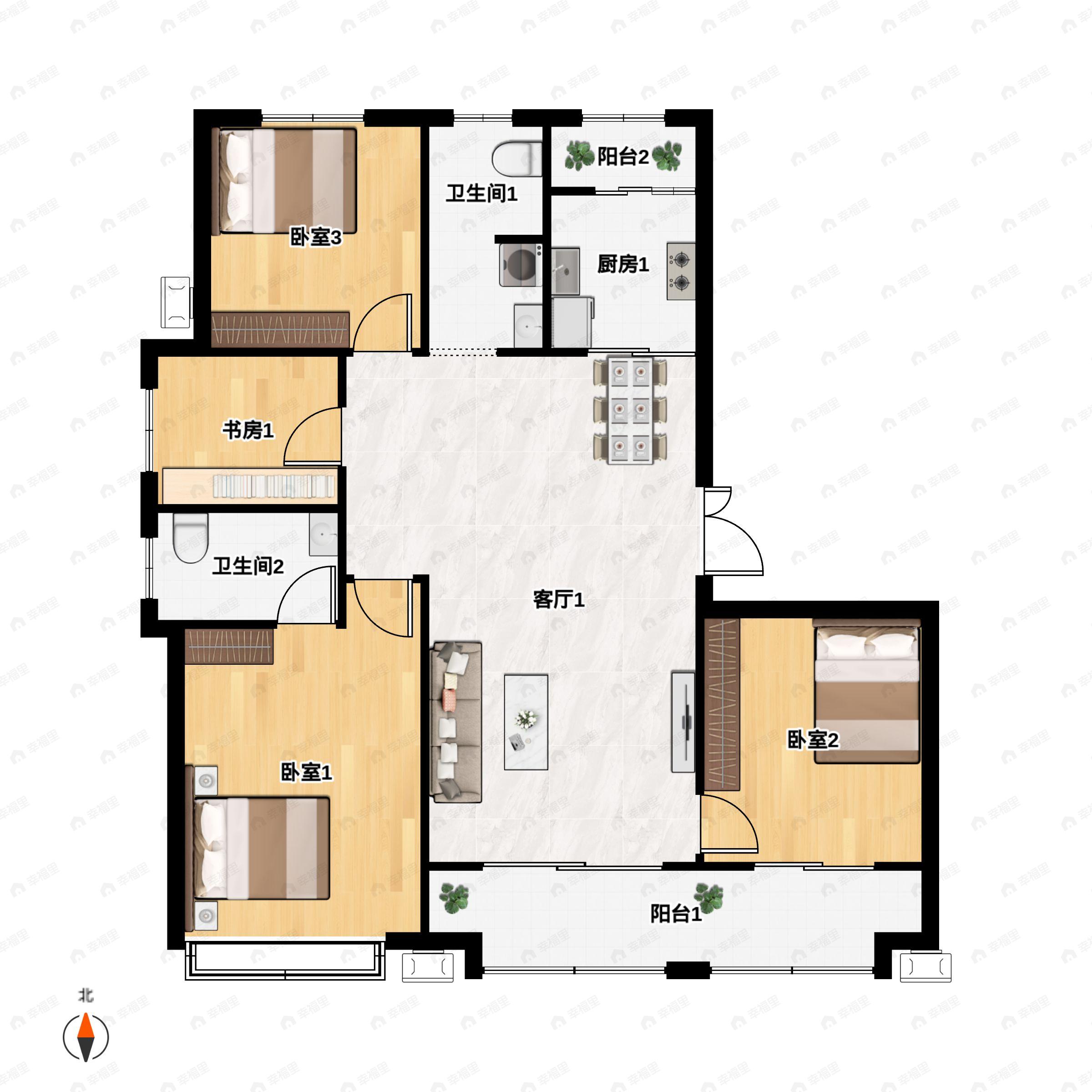 3室2厅2卫建面138平户型图