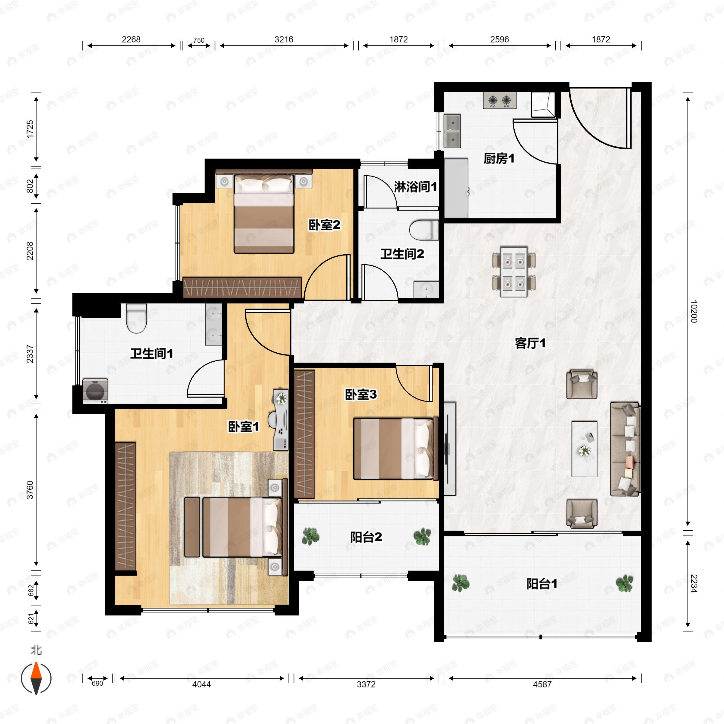 3室2厅2卫建面92m²南户型图