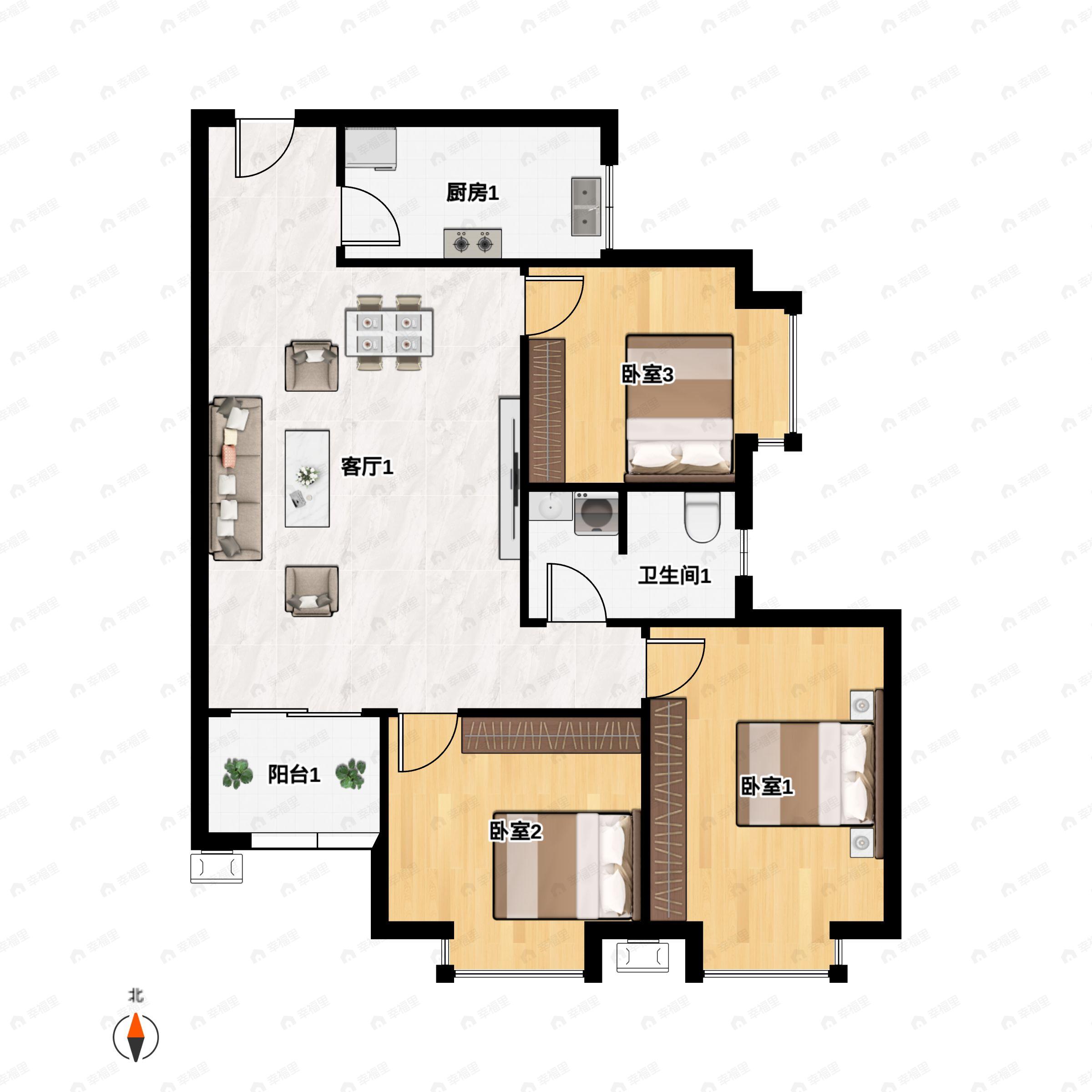 3室2厅1卫建面109m²南户型图