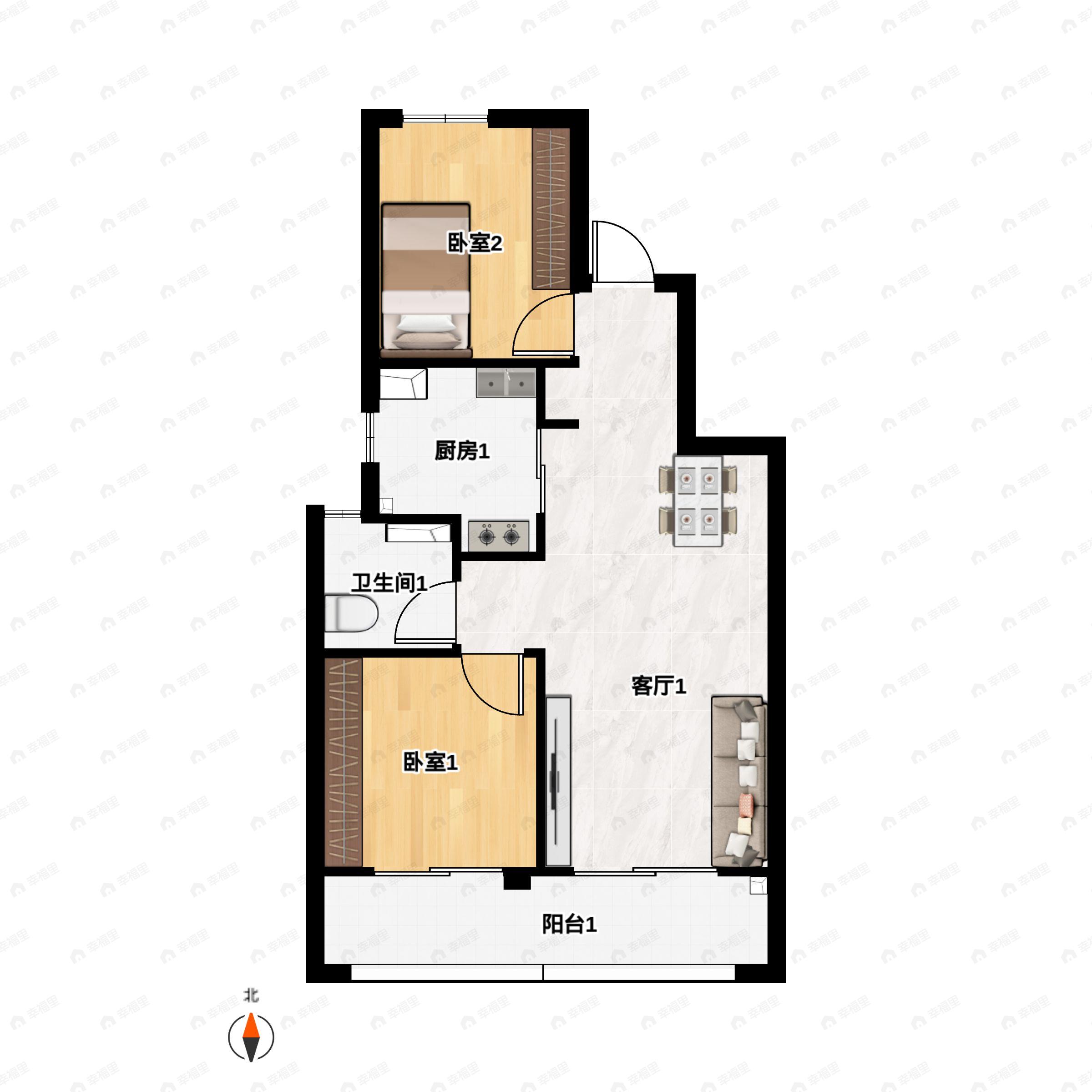 2室2厅1卫建面76m²南户型图