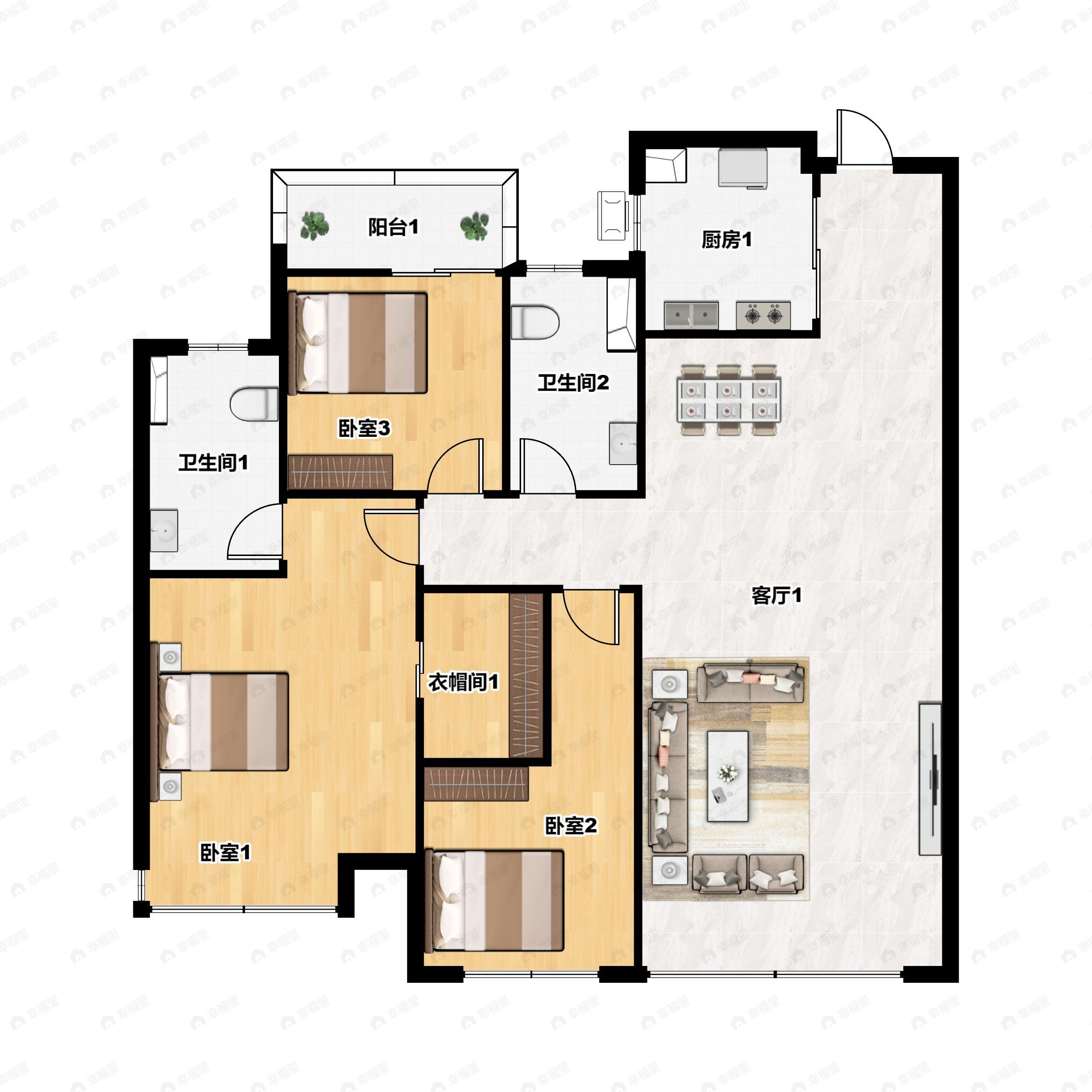 3室2厅2卫建面126平户型图
