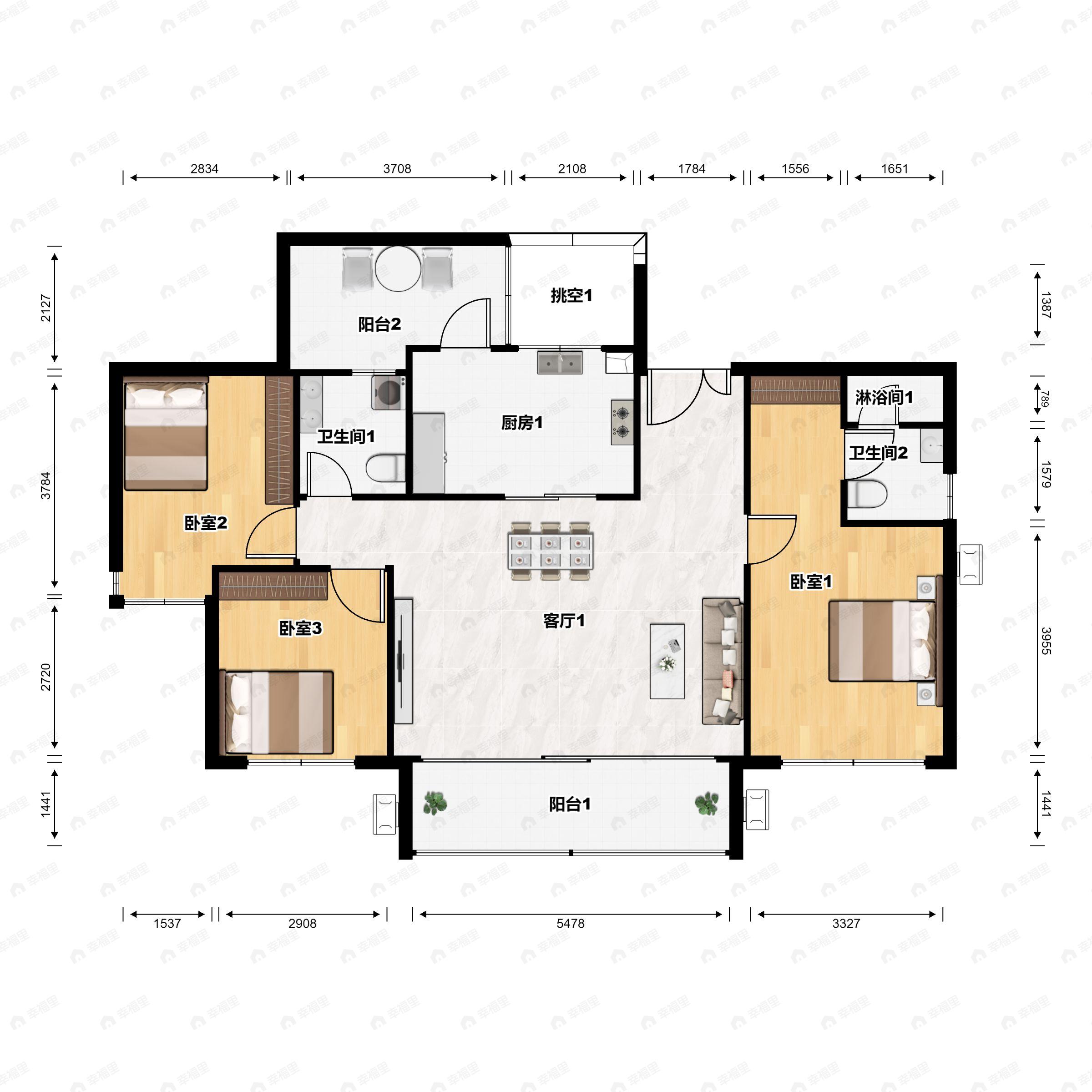 3室2厅2卫建面106平户型图