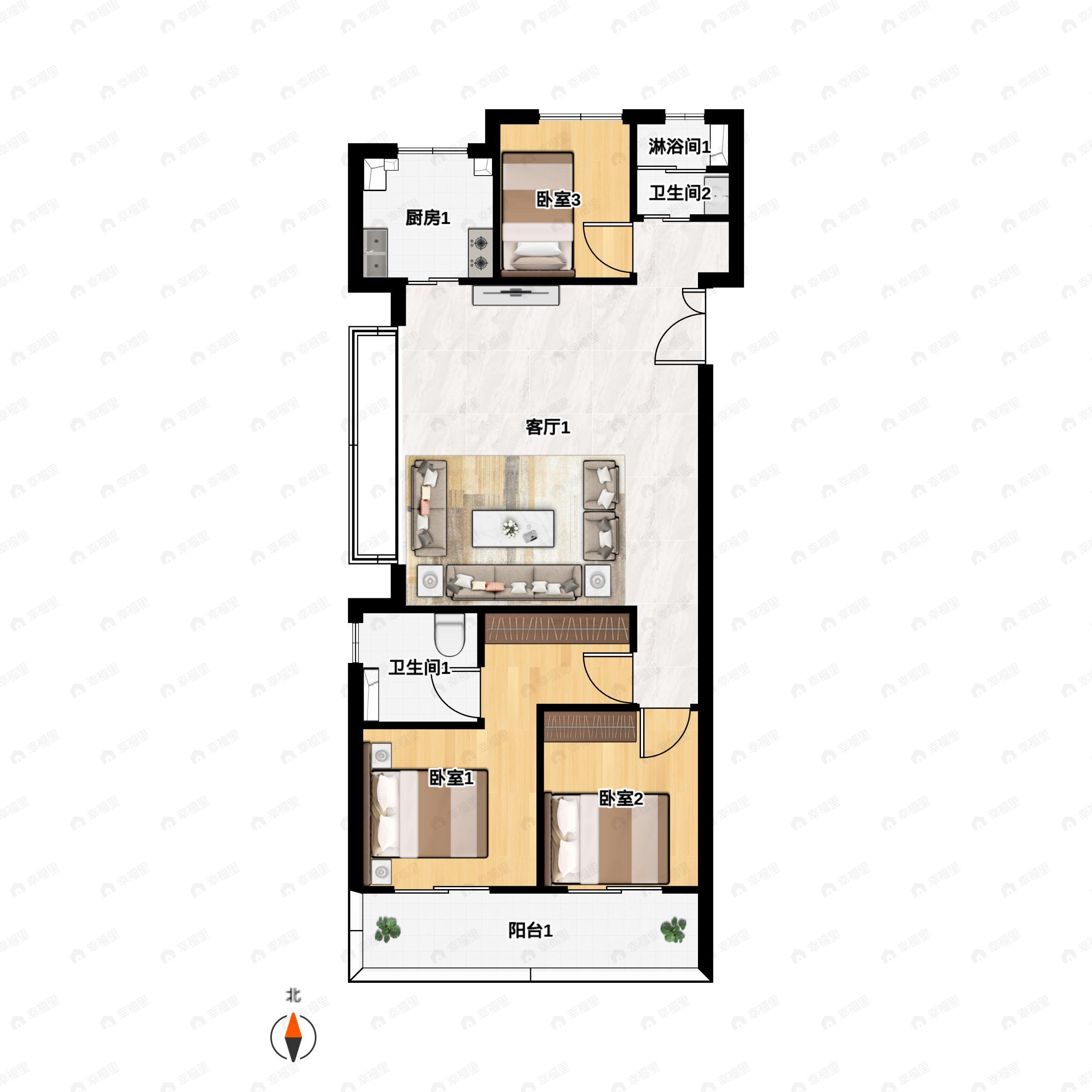3室2厅2卫建面108平户型图