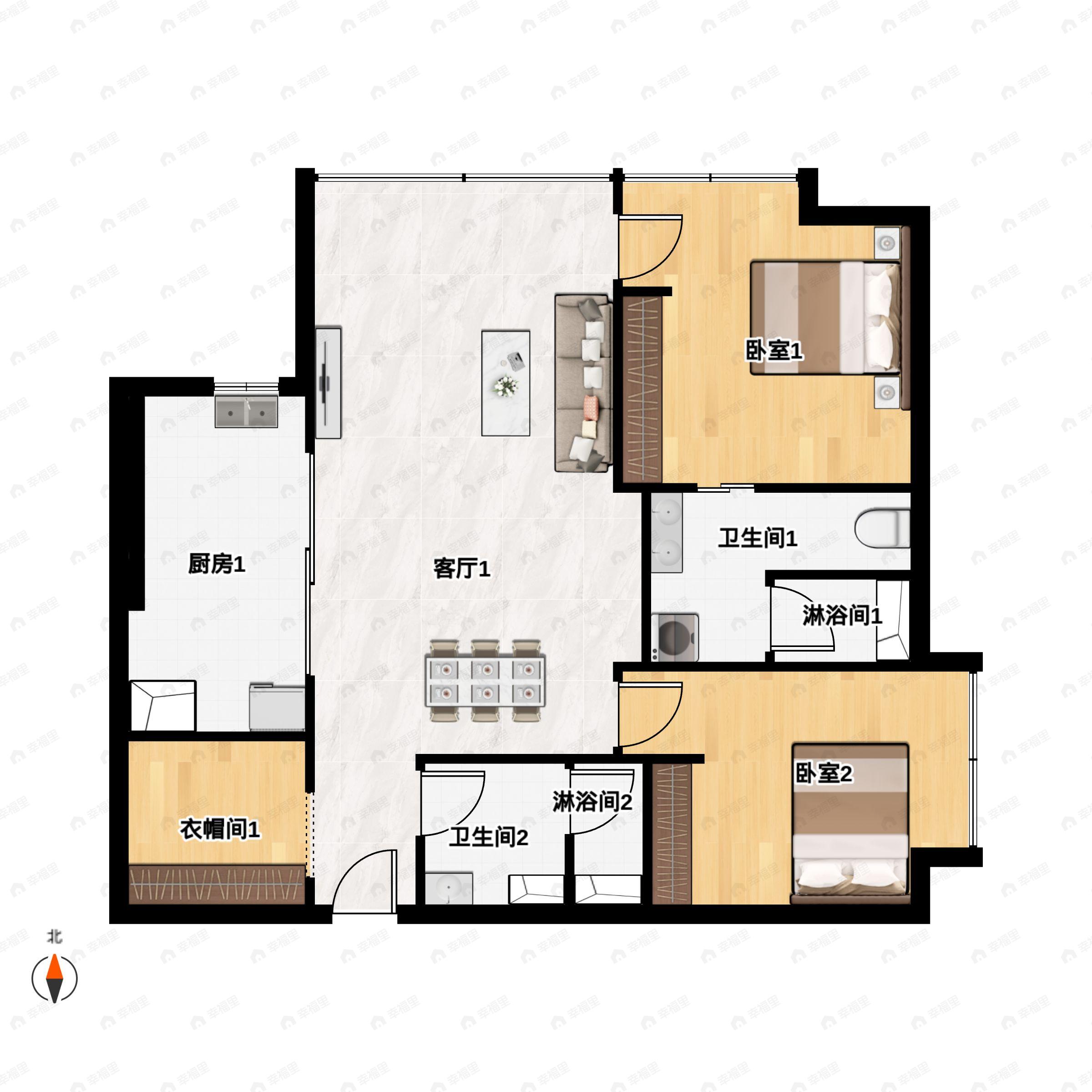 2室2厅2卫建面119m²北户型图