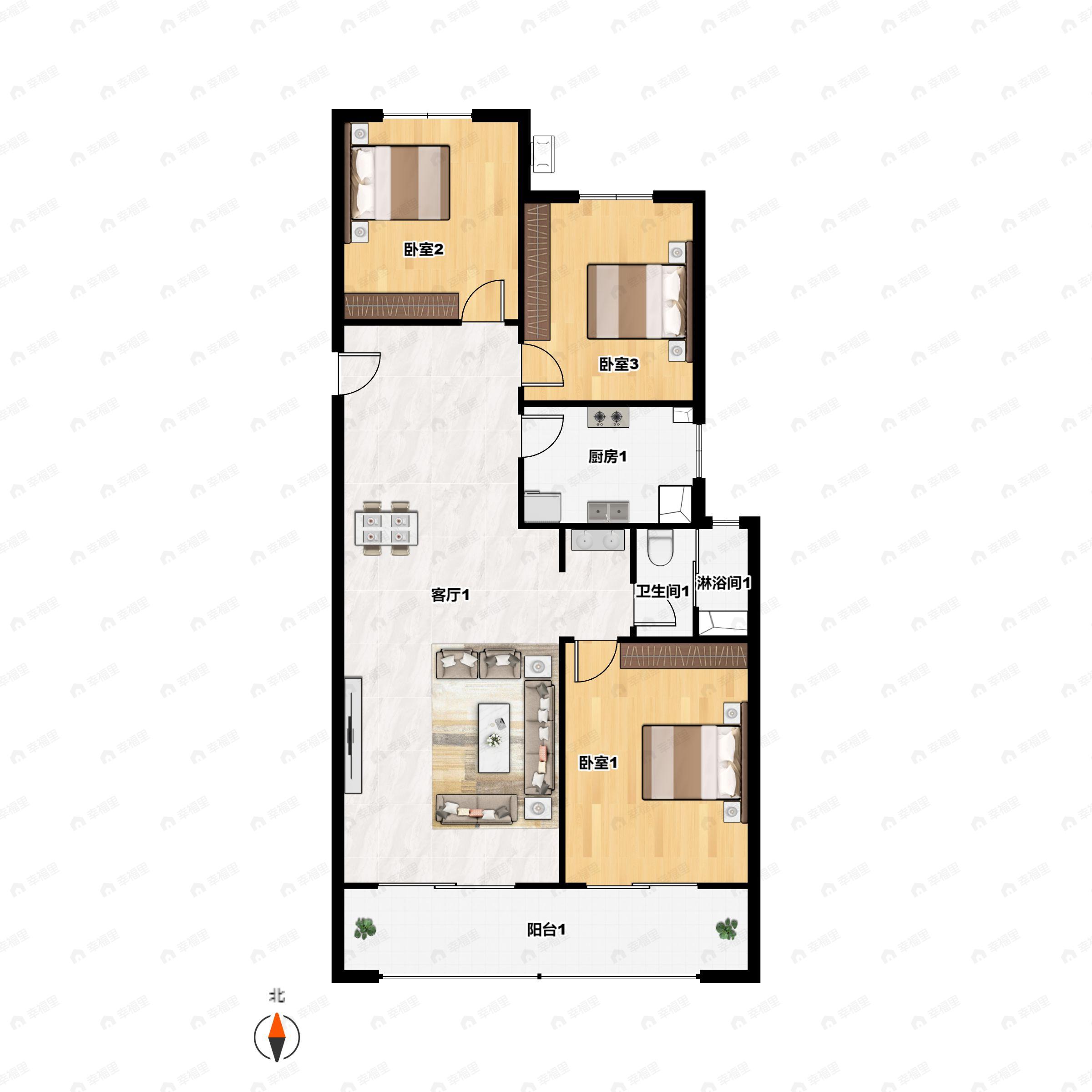 3室2厅1卫建面92m²北|南户型图