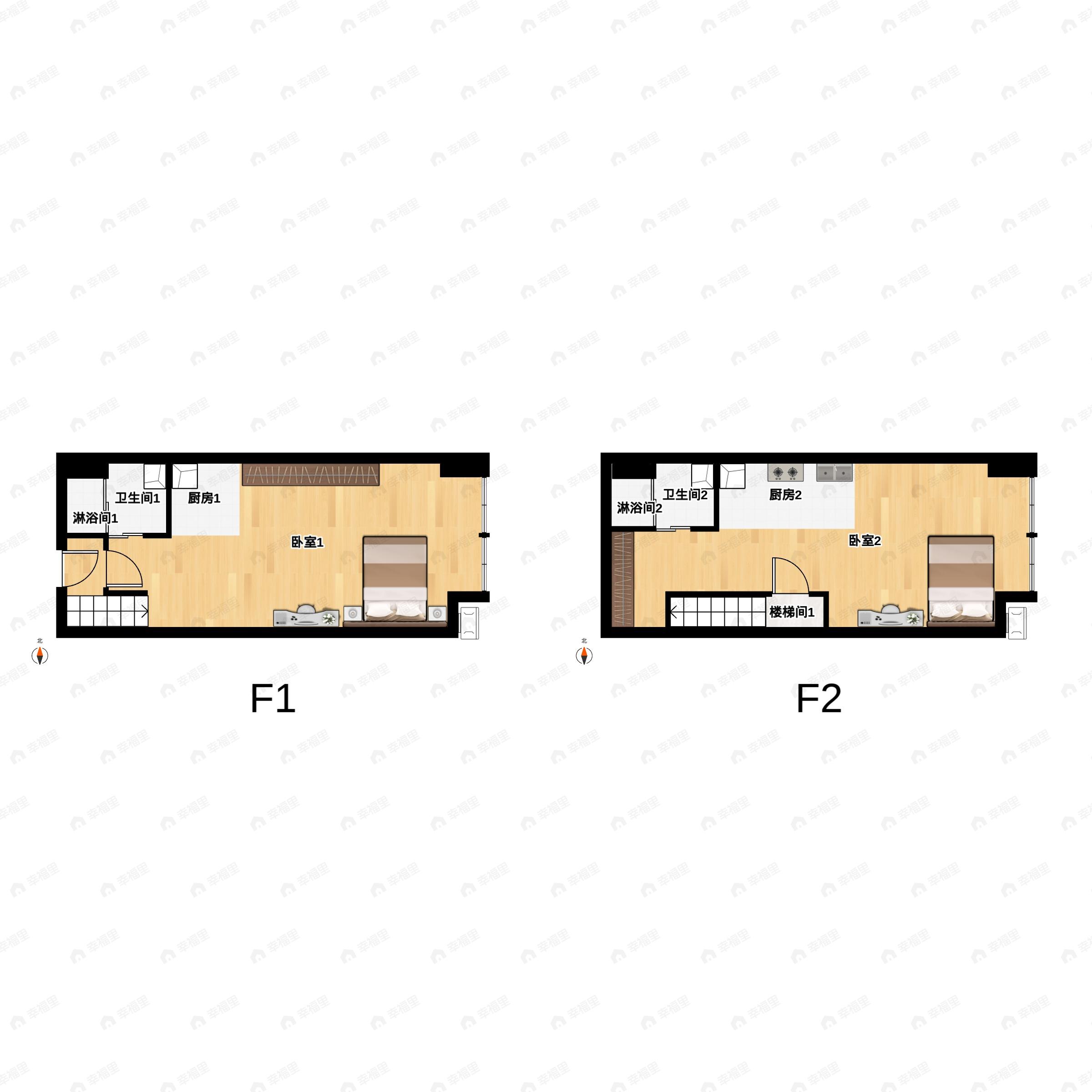 2室2厅2卫建面52平户型图