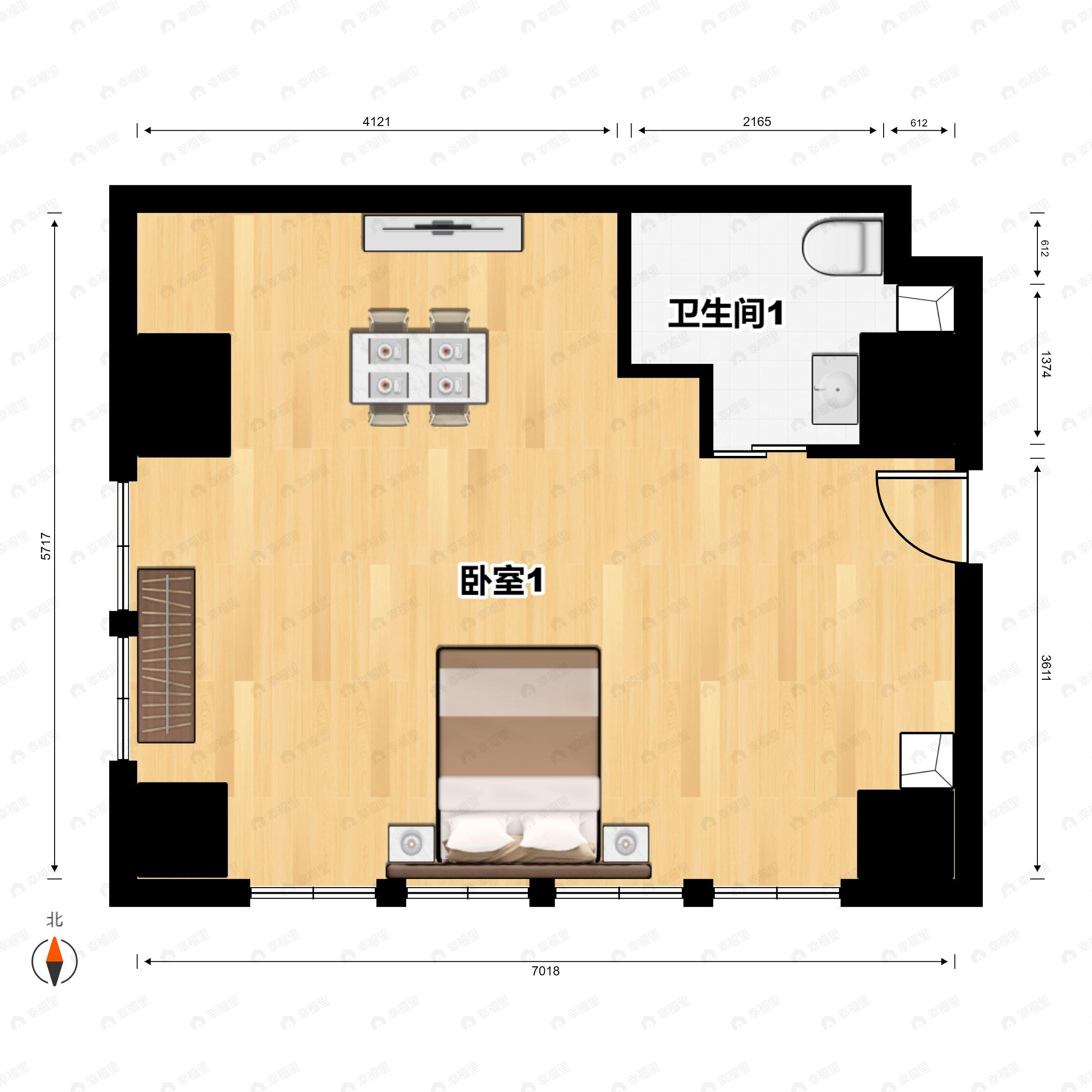 1室1卫建面55平西户型图