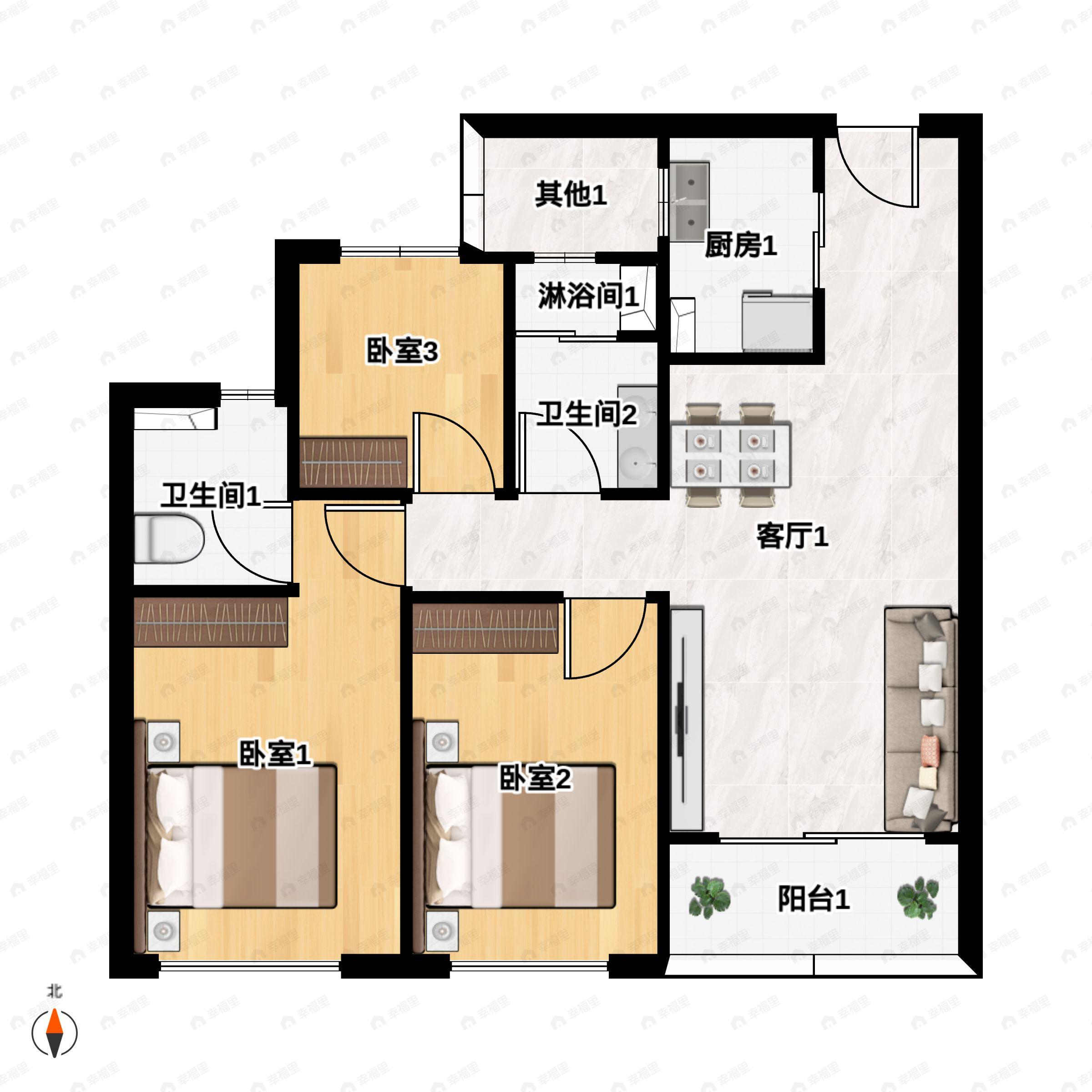 3室2厅2卫建面96平户型图