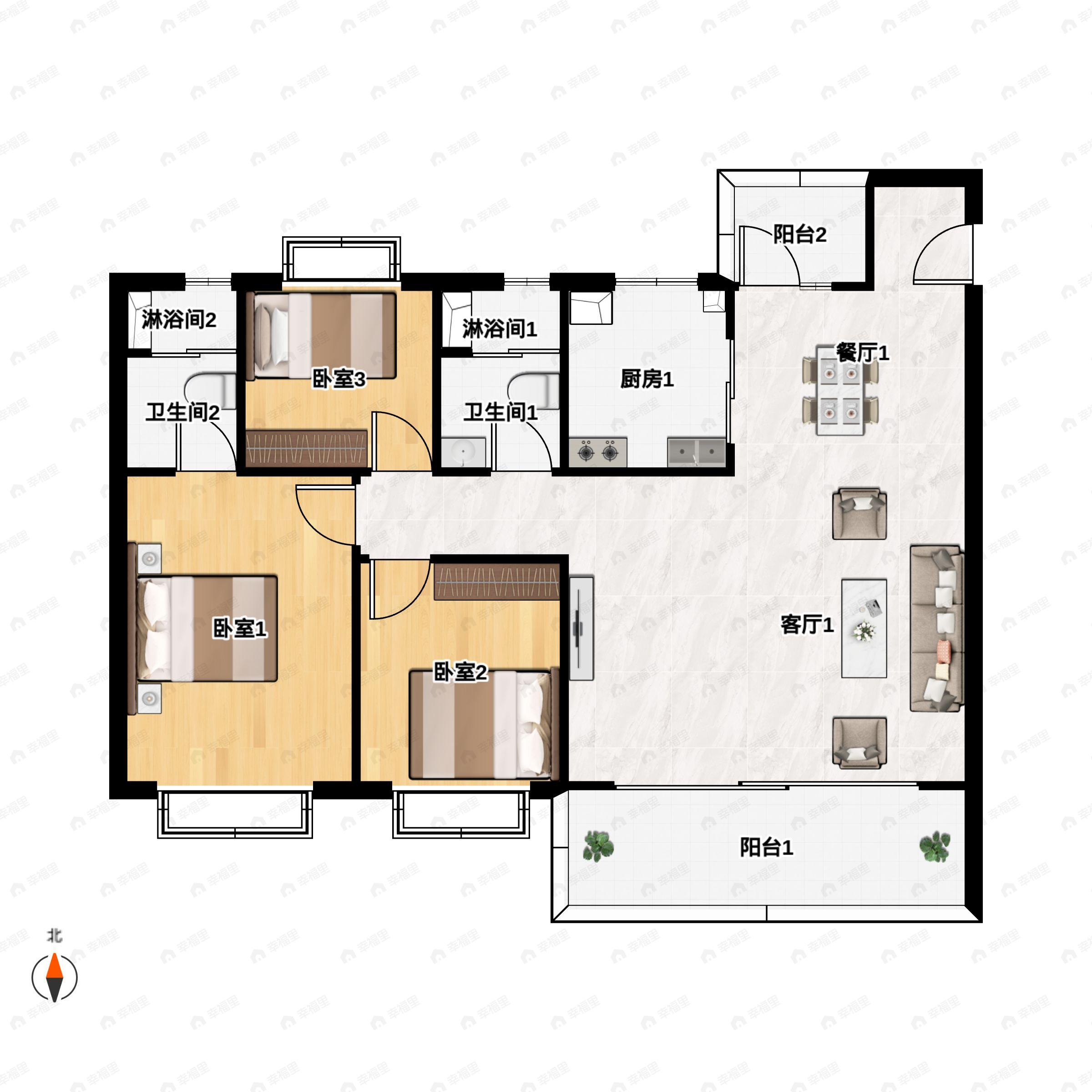 3室2厅2卫建面128m²北|南户型图
