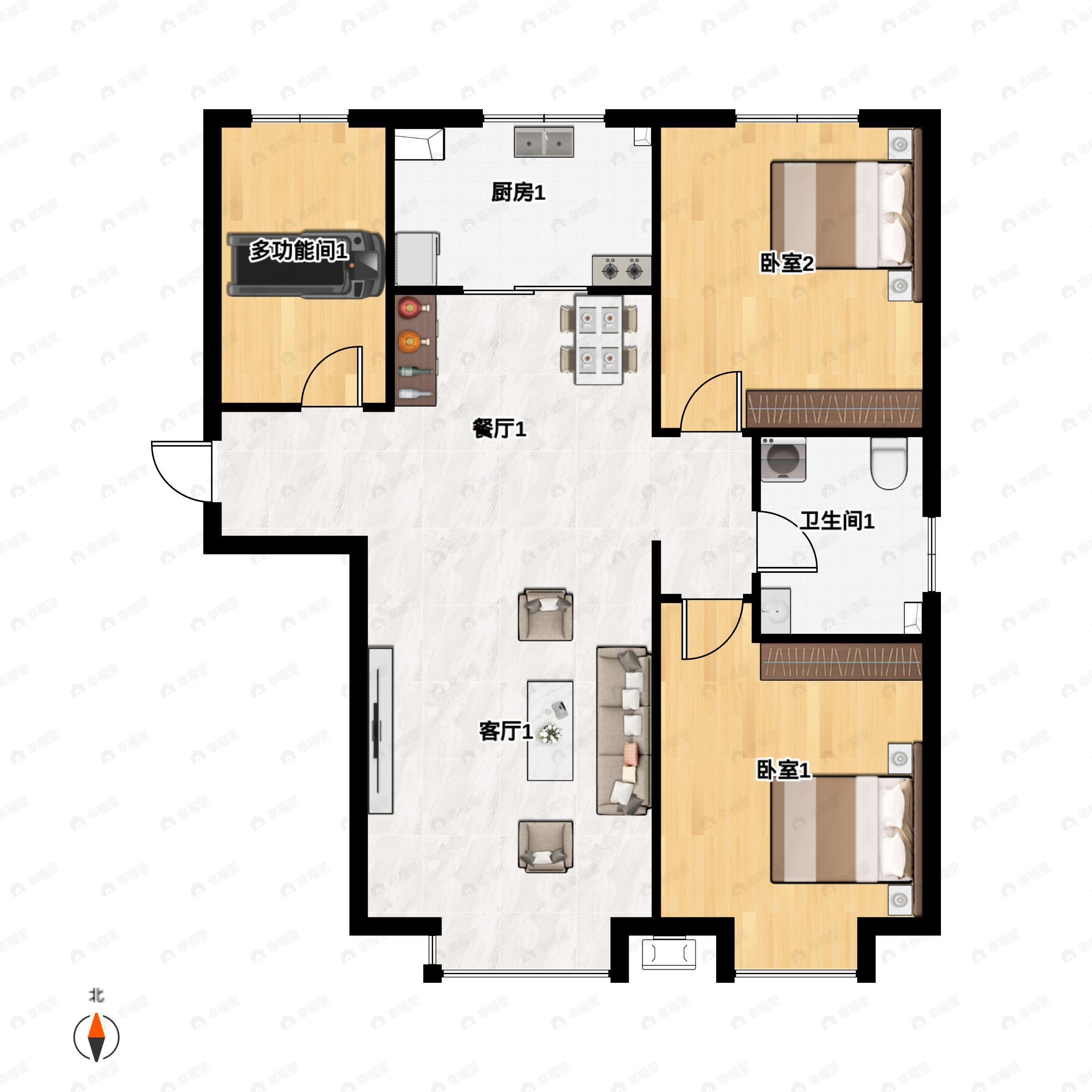 3室2厅1卫建面103平北|南户型图