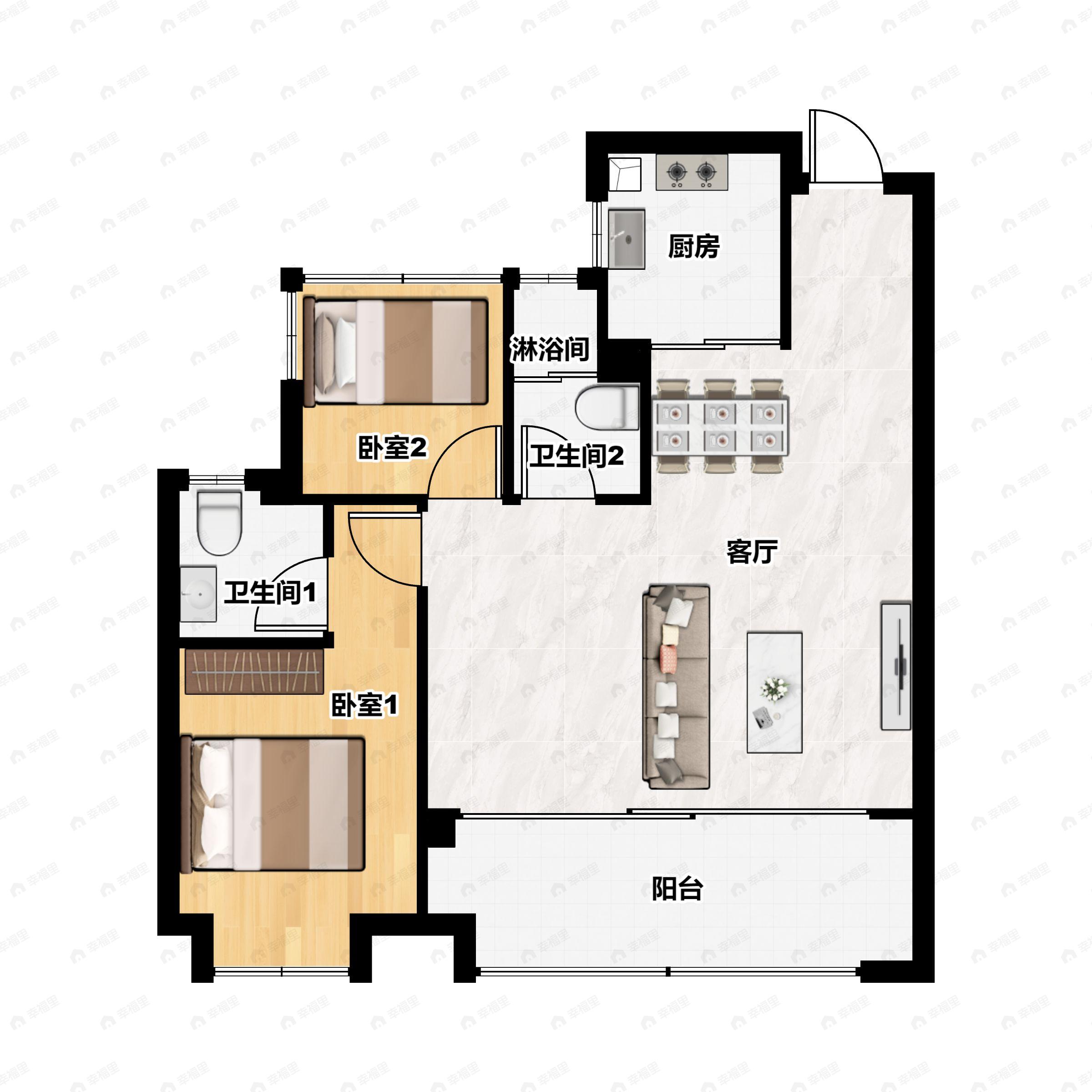 2室2厅2卫建面106m²南户型图