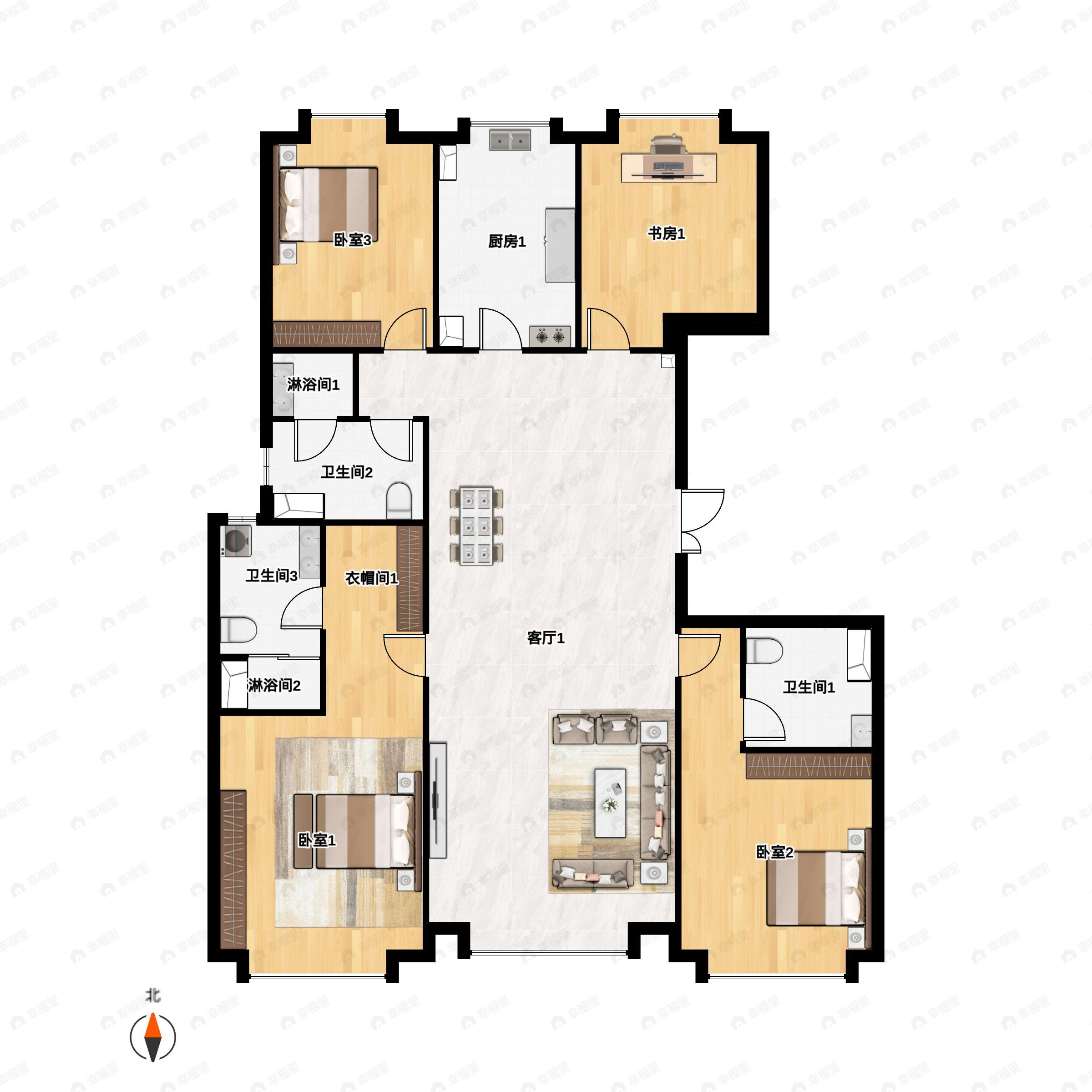 4室2厅3卫建面215平北|南户型图