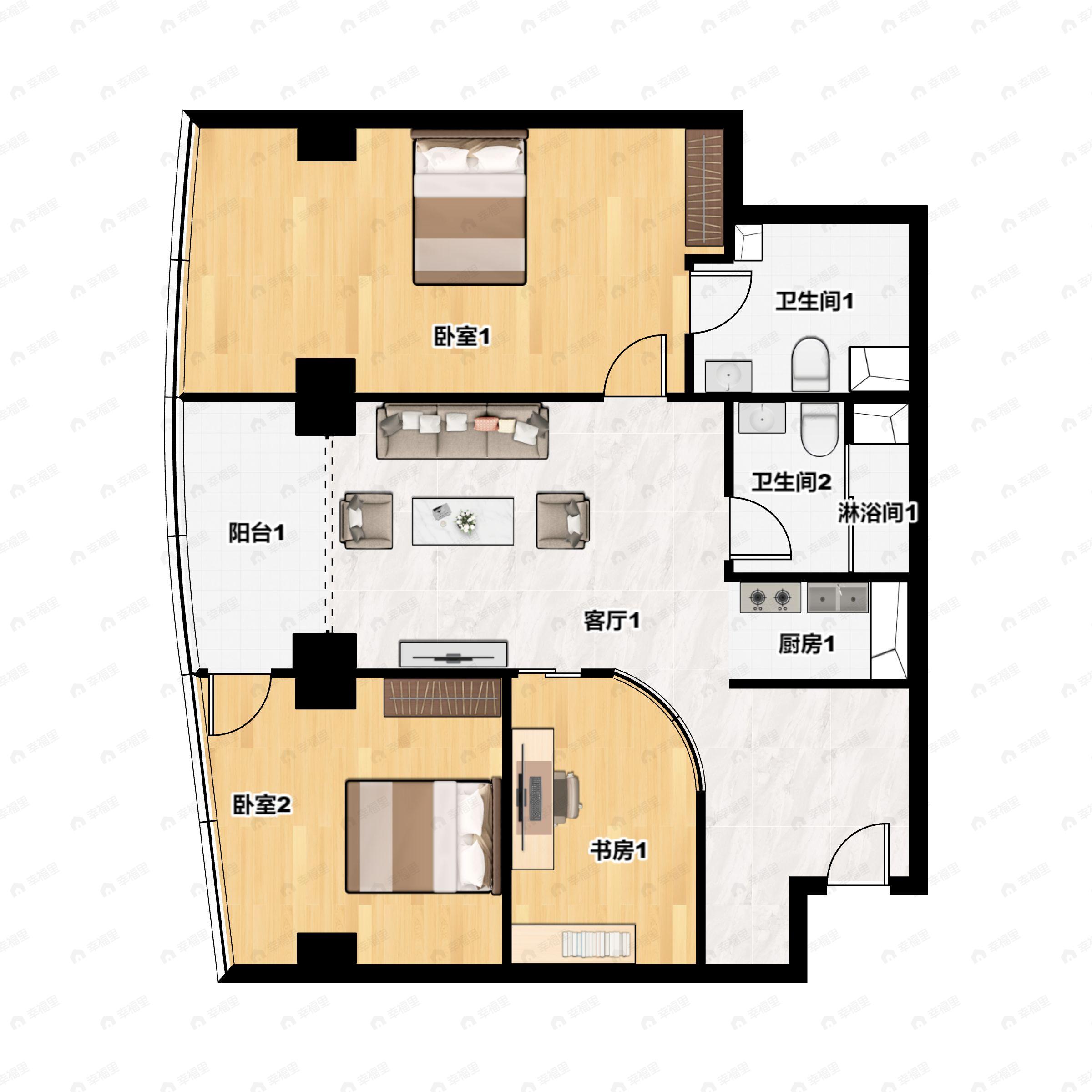 3室1厅2卫建面136平西南户型图
