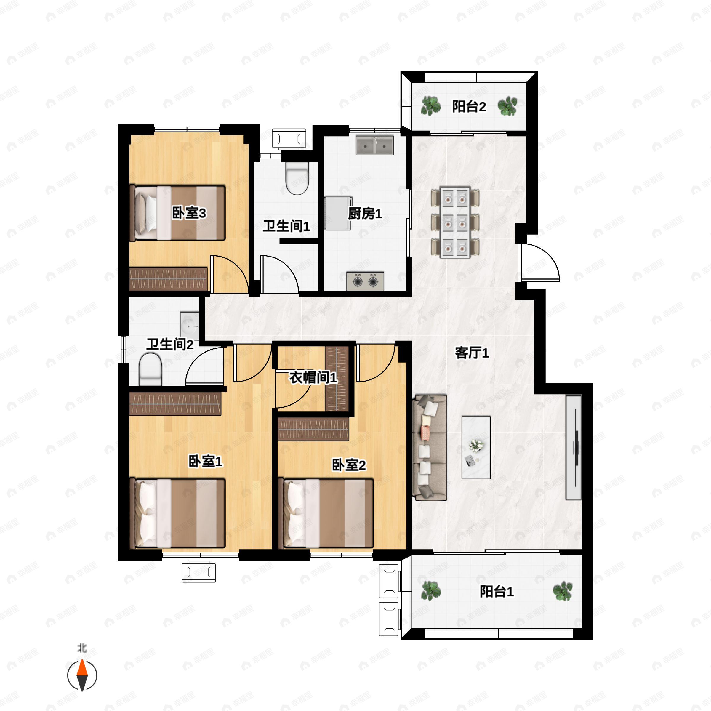 3室2厅2卫建面118平南|北户型图