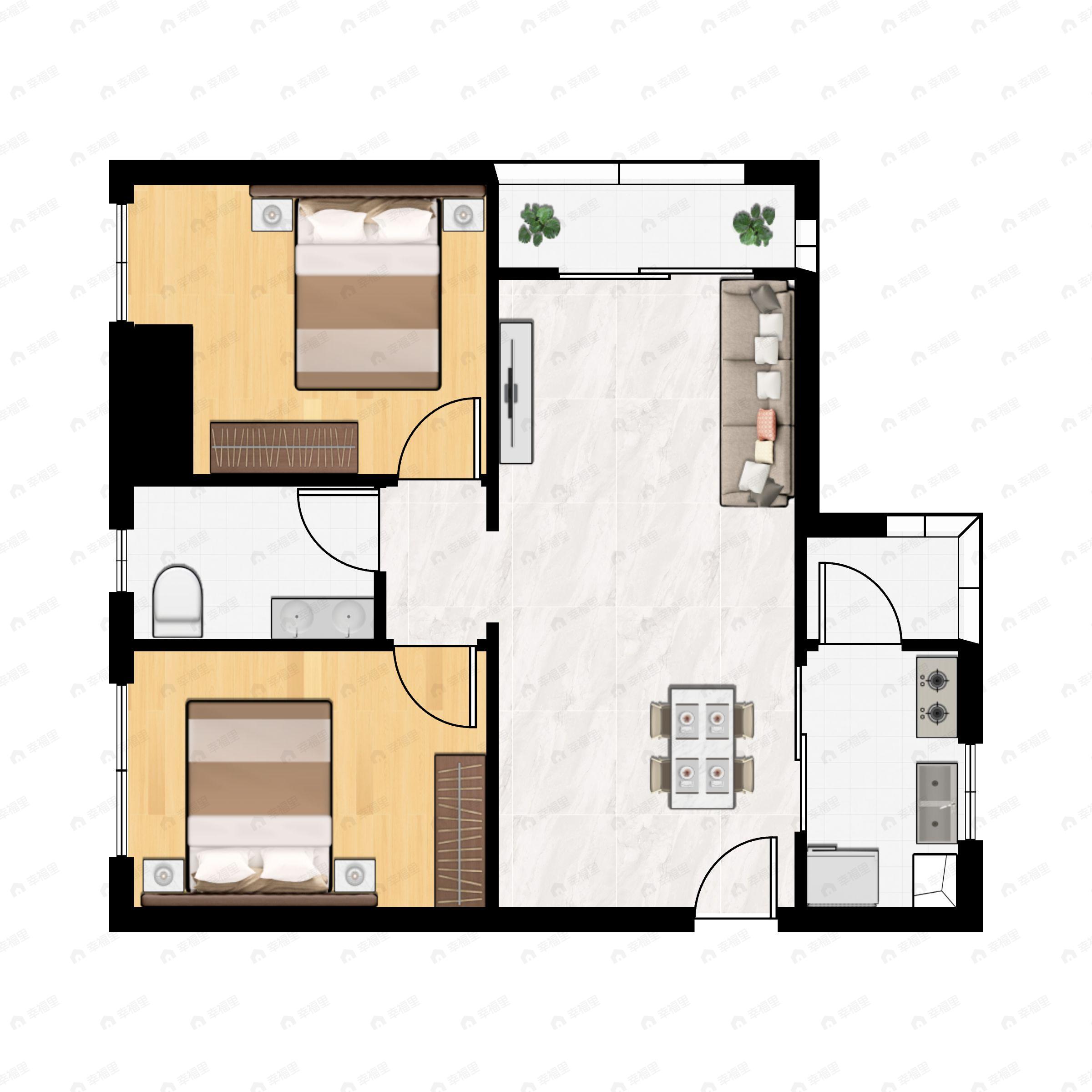 2室2厅1卫建面69m²南|北户型图