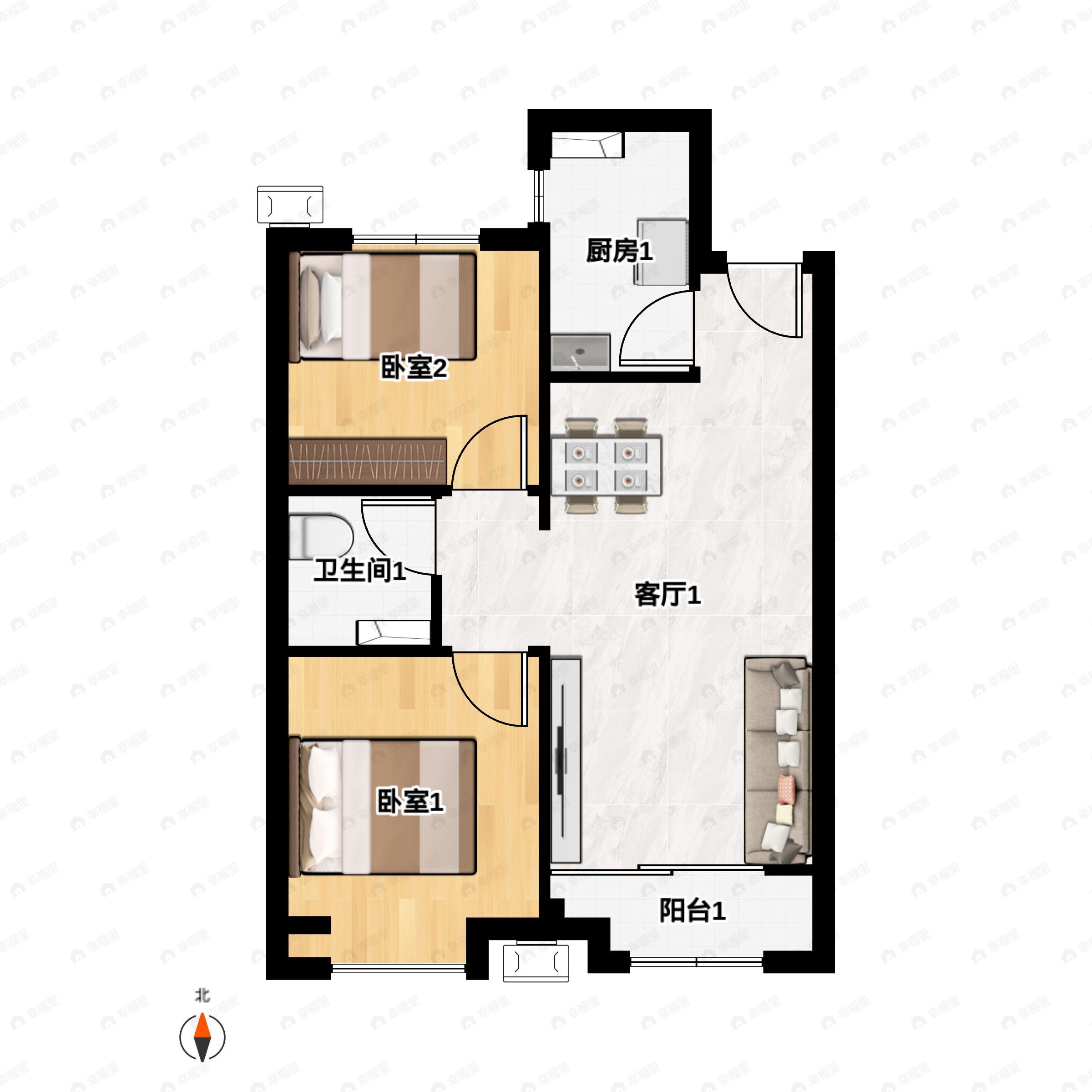 2室2厅1卫建面79m²南|北户型图