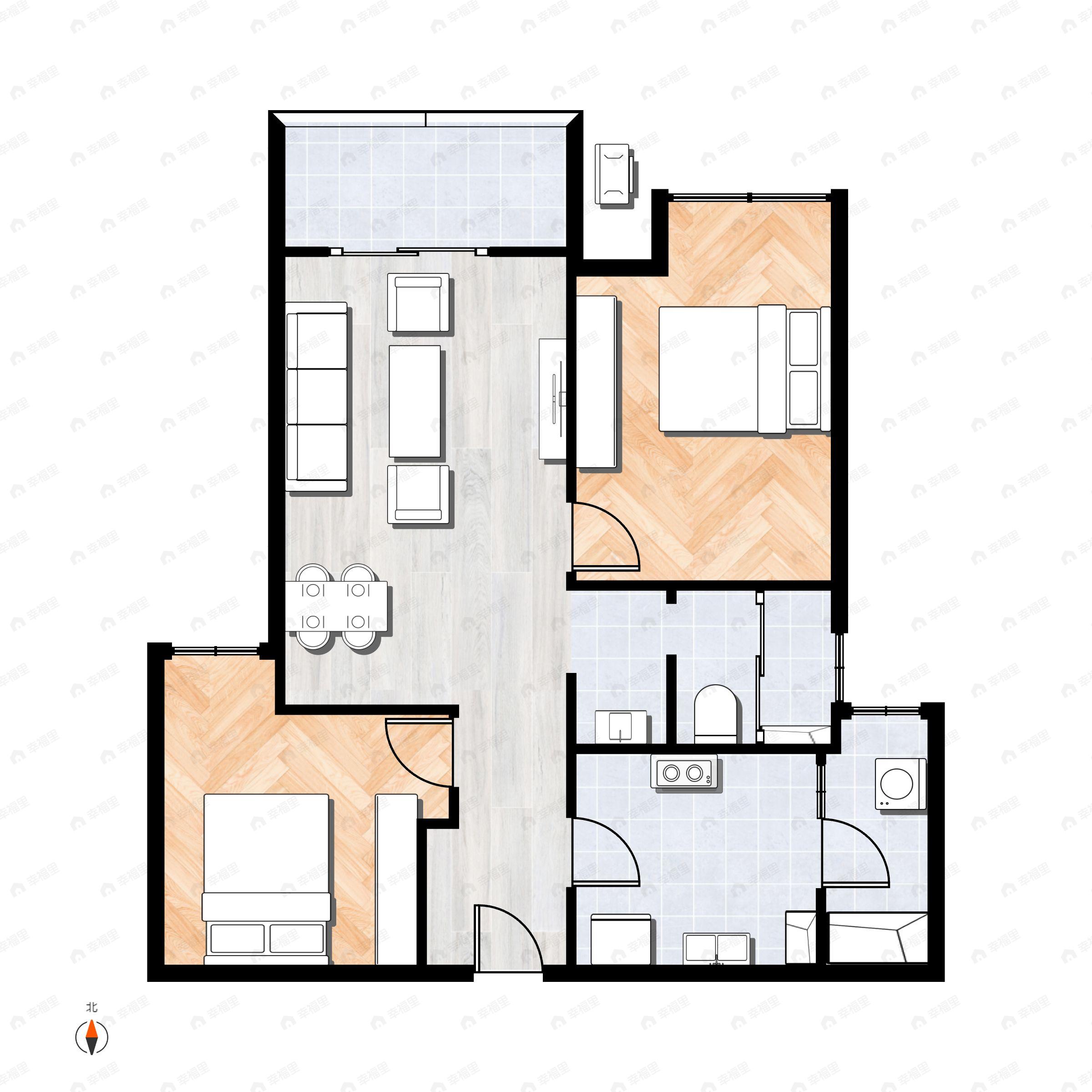 2室2厅1卫建面73m²西北户型图