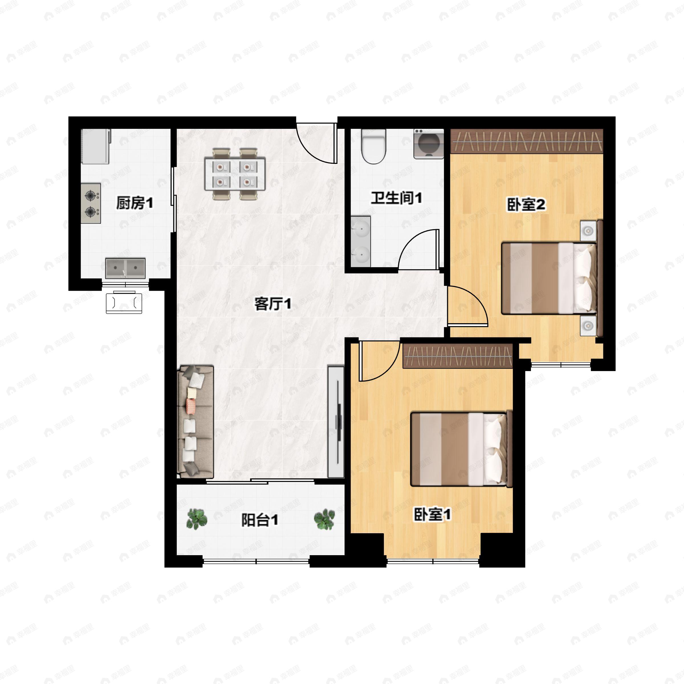 2室2厅1卫建面83m²南户型图
