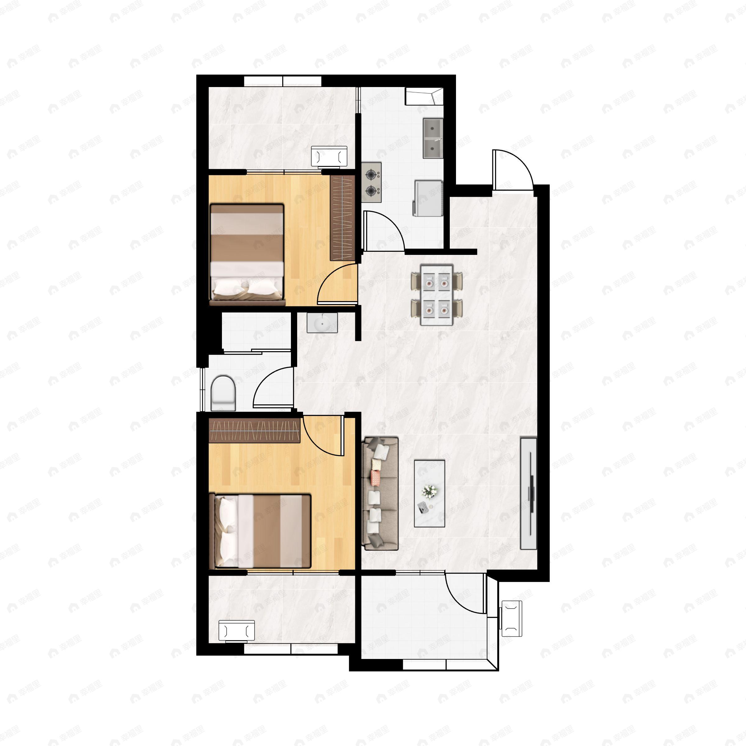 2室2厅1卫建面77m²南户型图