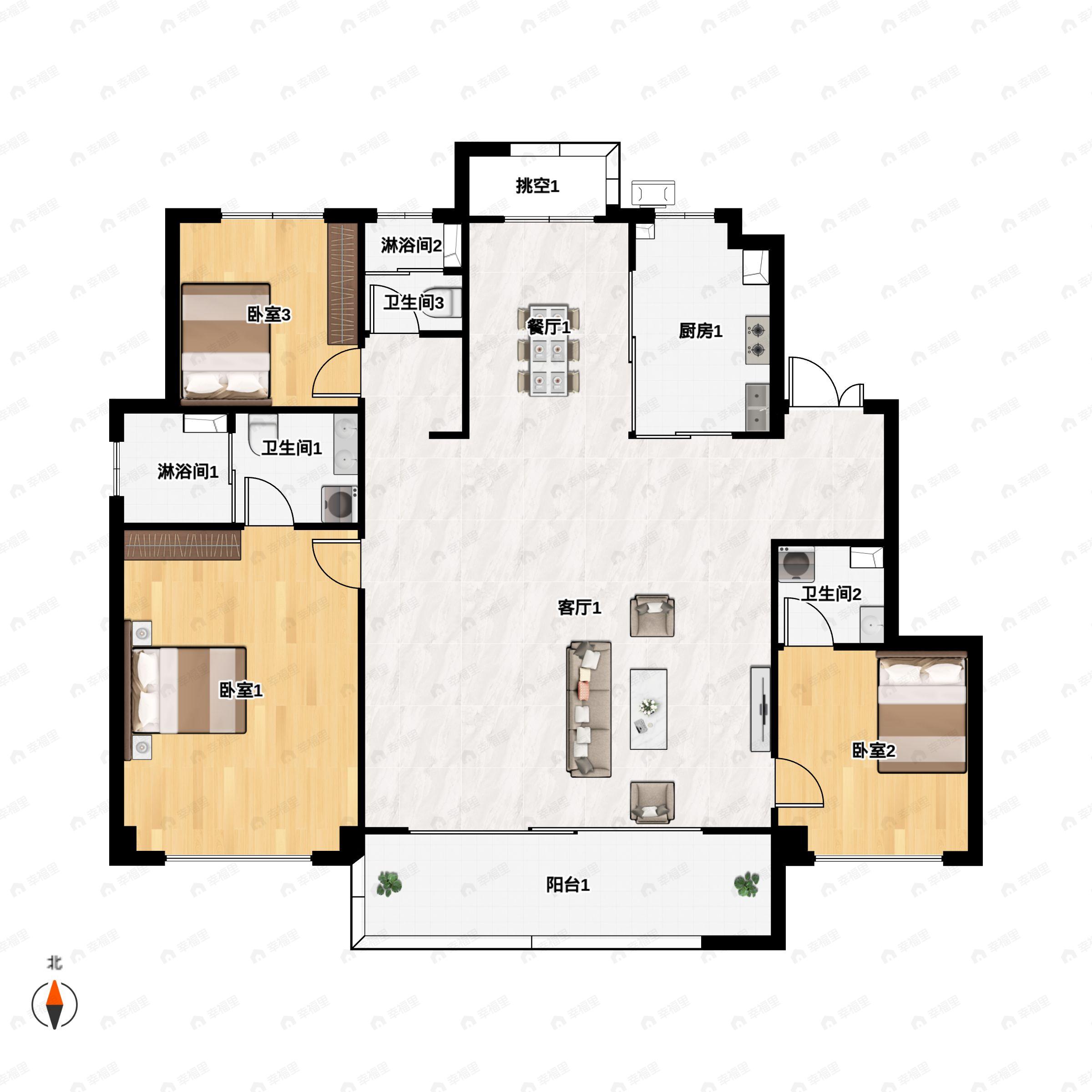 3室2厅3卫建面150m²北|南户型图