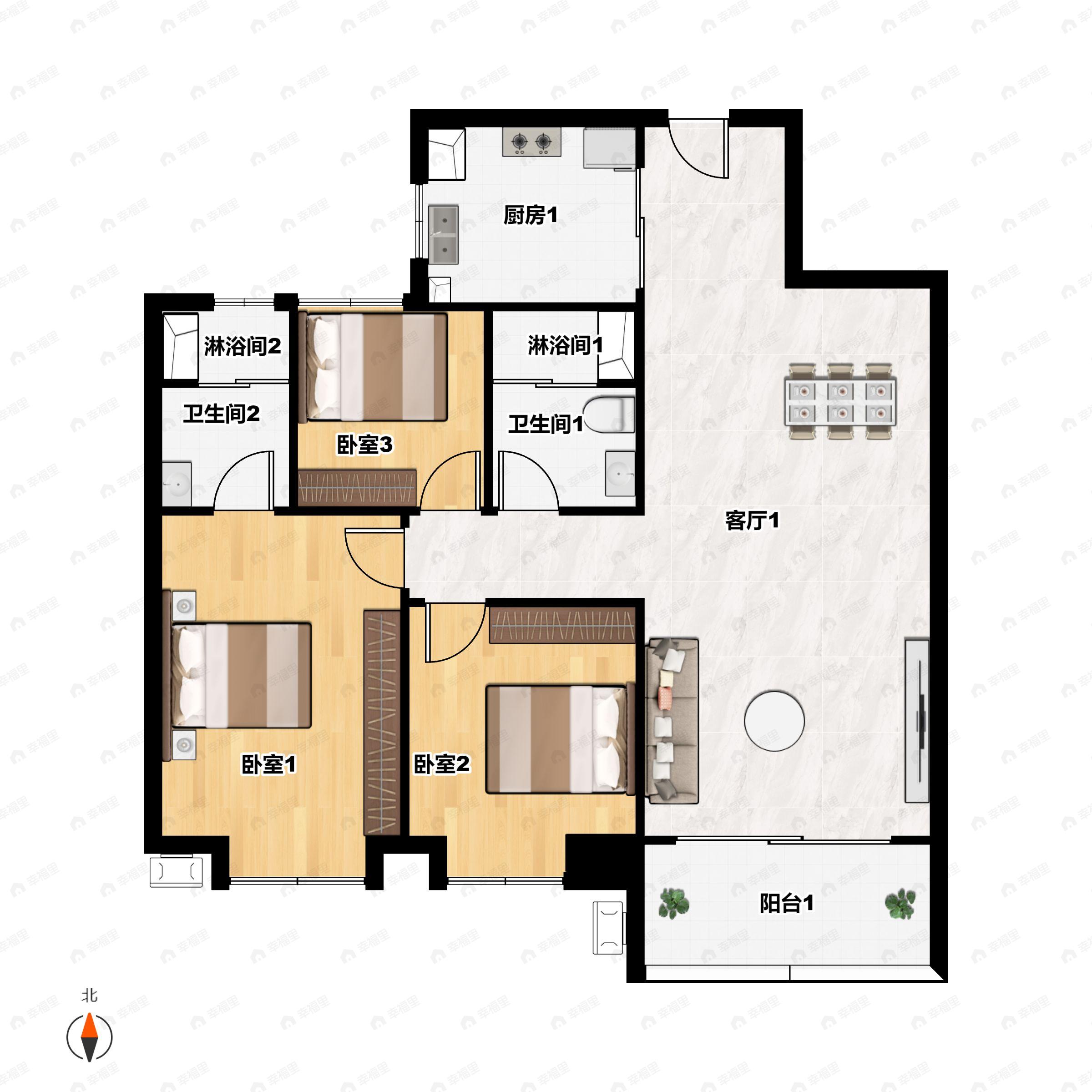 3室2厅2卫建面106平南|北户型图
