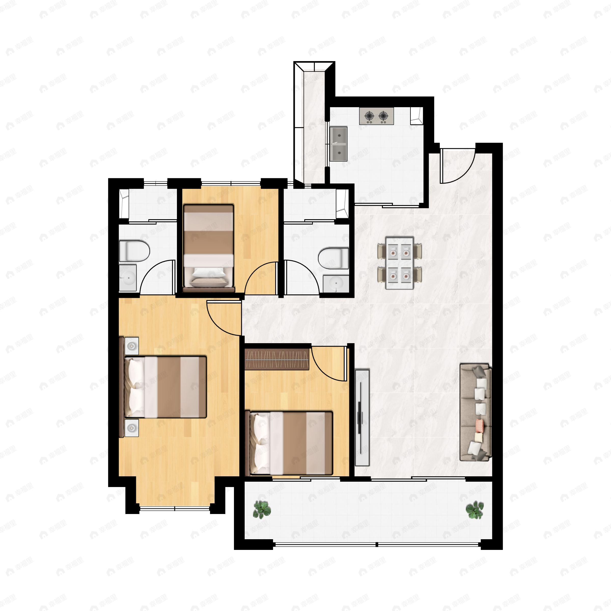 3室2厅2卫建面98m²南户型图