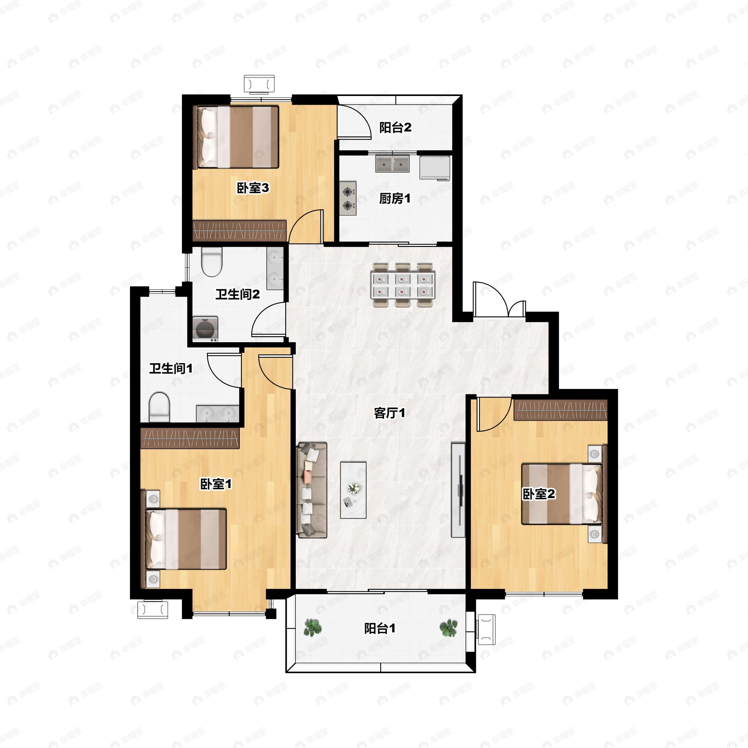 3室2厅2卫建面123平南|北户型图
