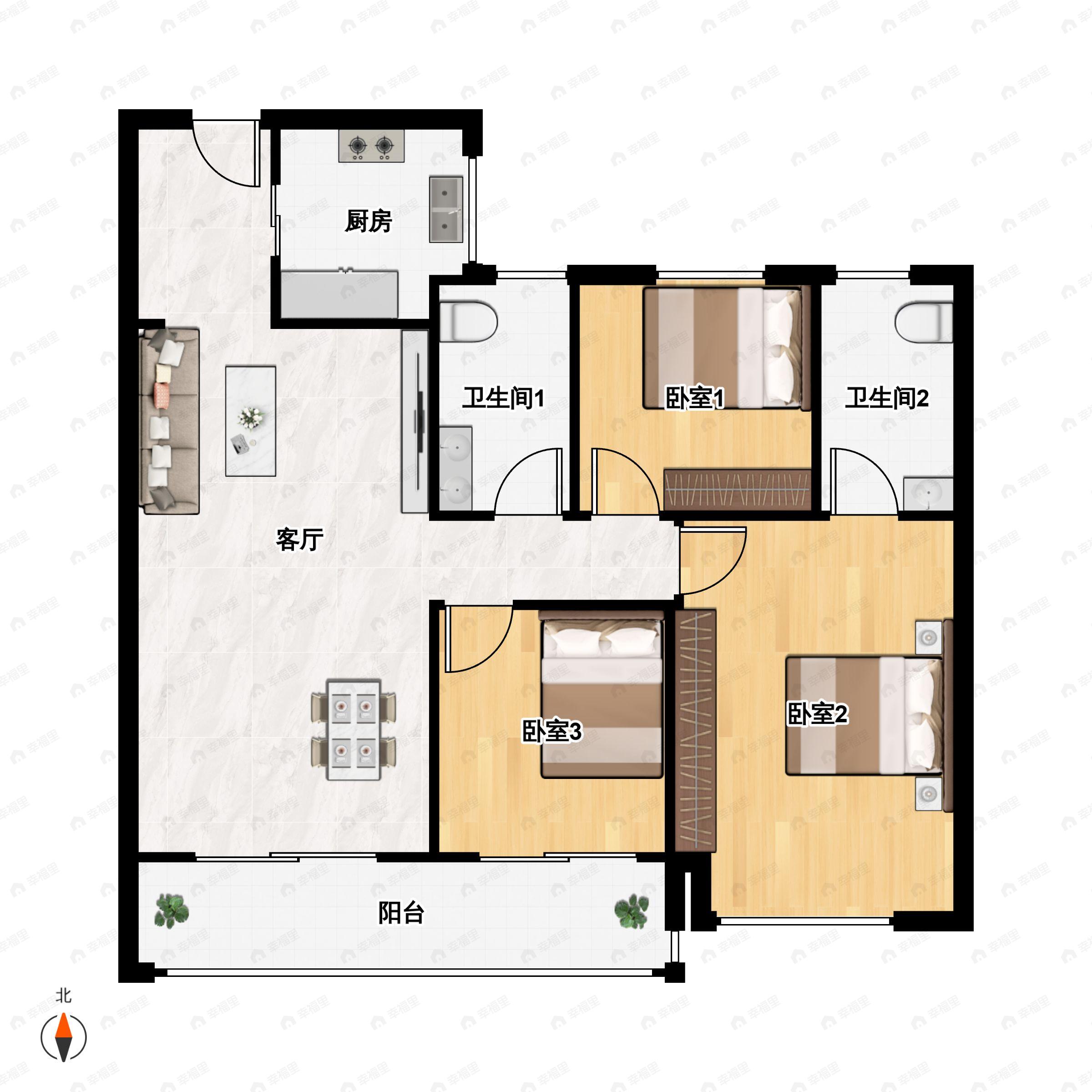 3室2厅2卫建面105平户型图