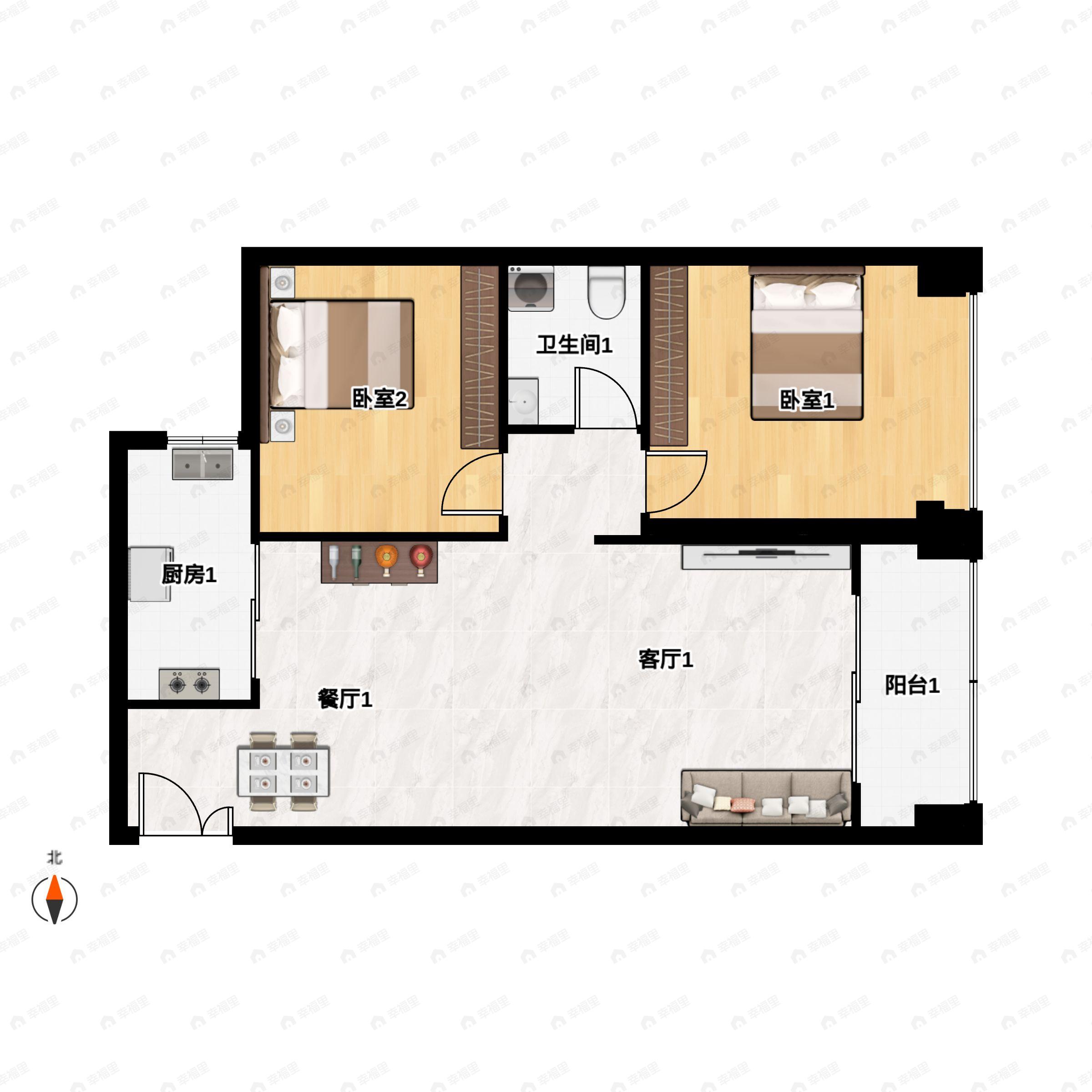 2室2厅1卫建面84平南户型图