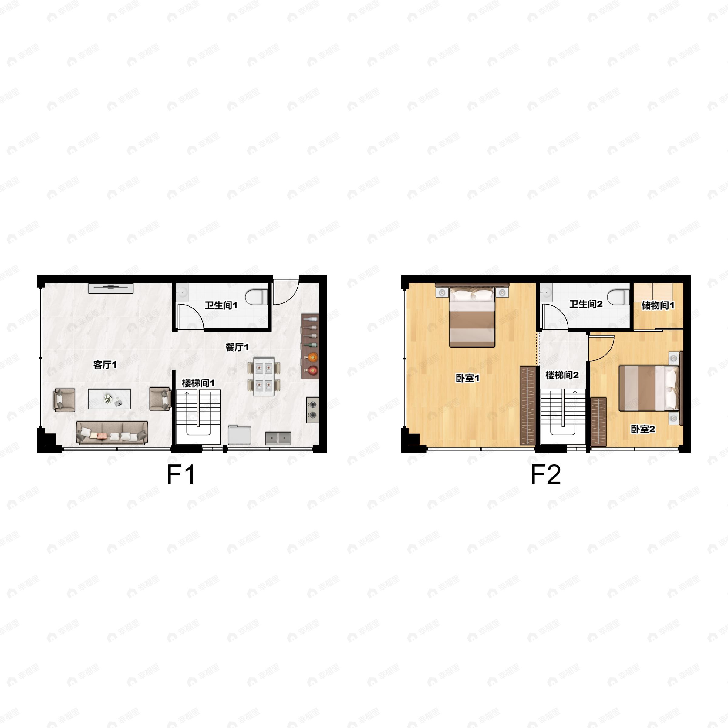 2室2厅2卫建面51平东|南|西|北户型图